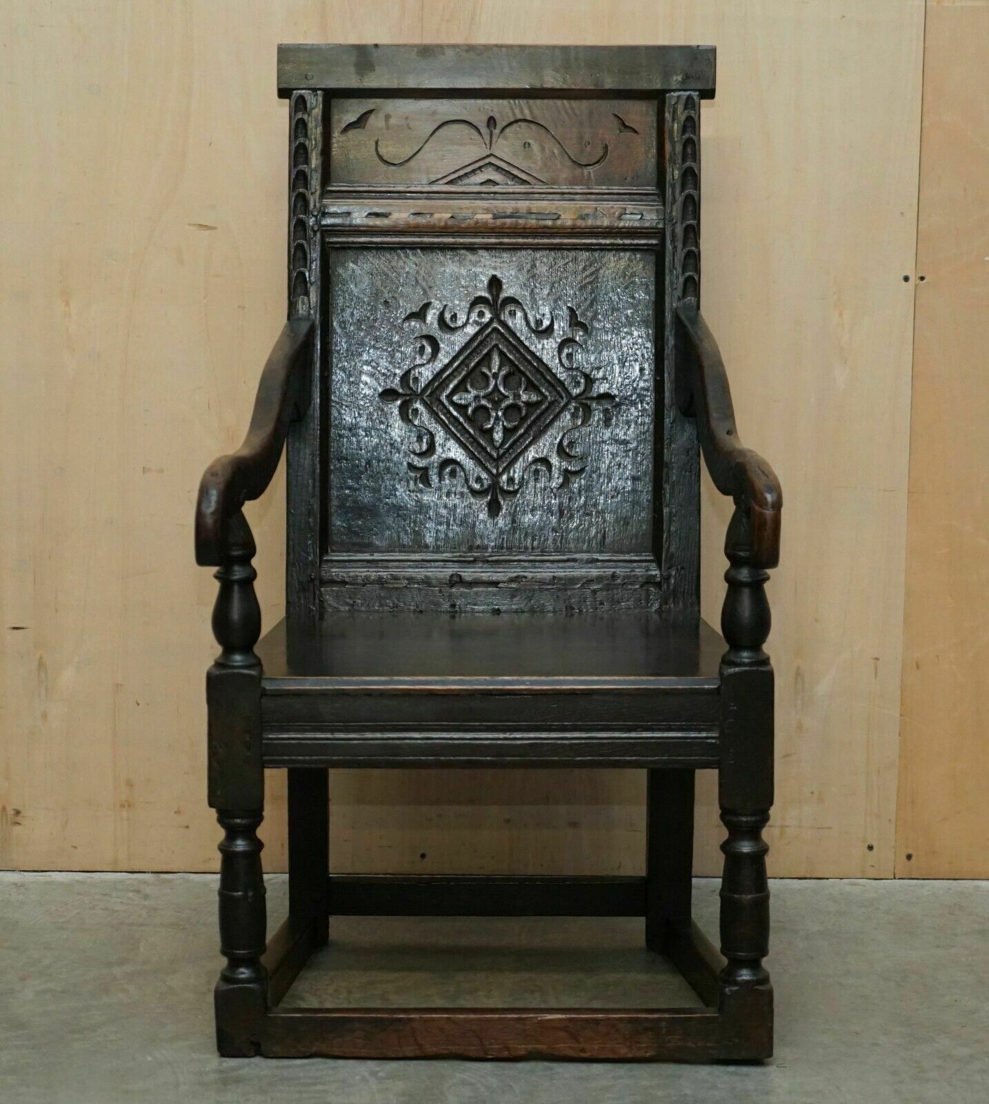 Antique 17th Century Jacobean Hand Carved English Oak Armchair Tudor Panelling photo furniture