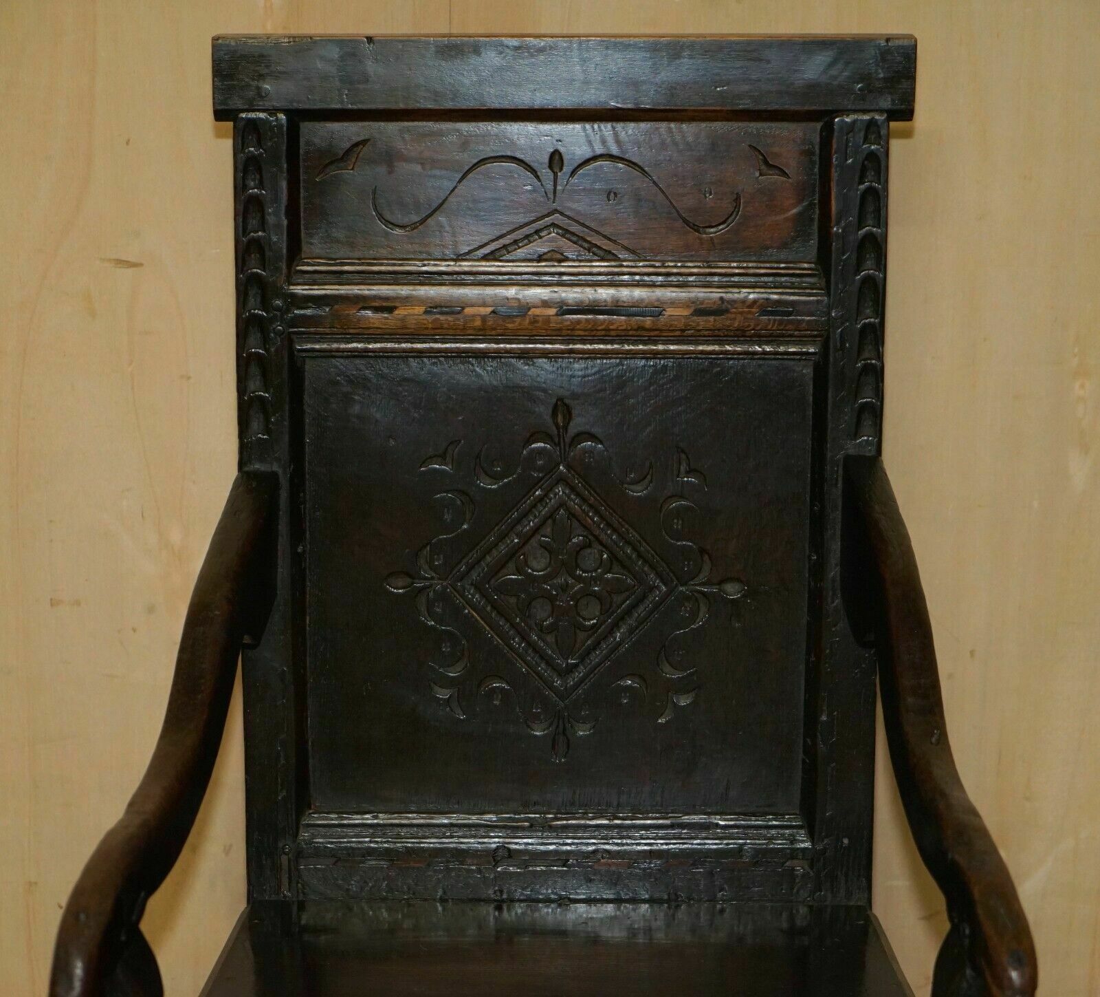 Antique 17th Century Jacobean Hand Carved English Oak Armchair Tudor Panelling photo for sale