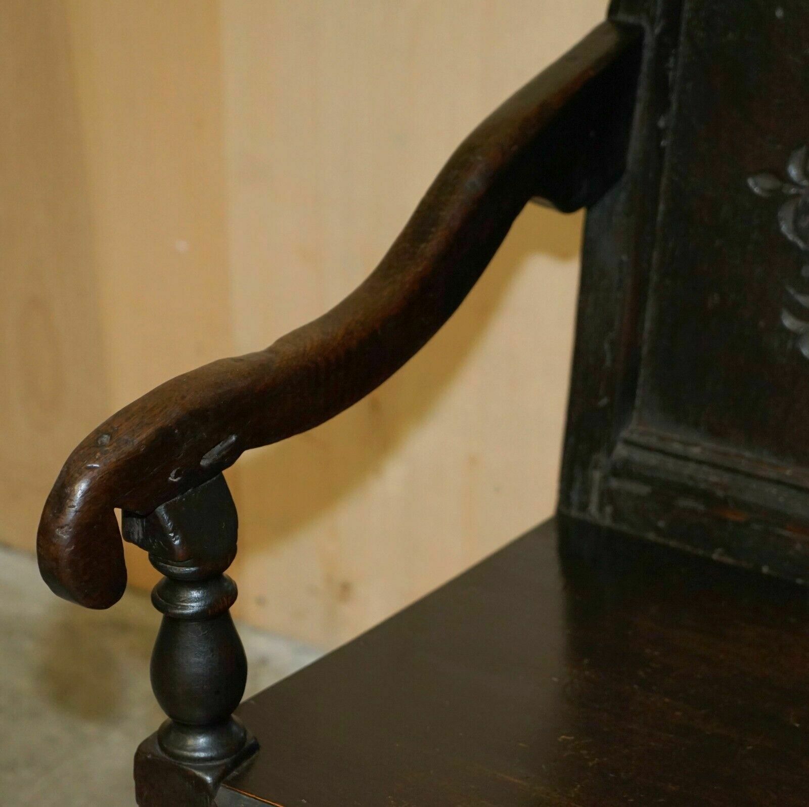 Antique 17th Century Jacobean Hand Carved English Oak Armchair Tudor Panelling photo vintage
