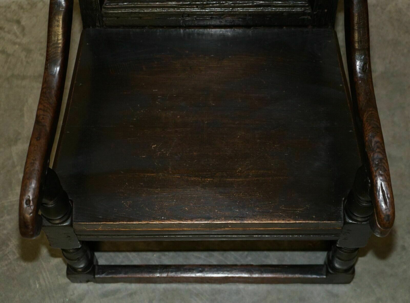 Furniture Antique 17th Century Jacobean Hand Carved English Oak Armchair Tudor Panelling photo