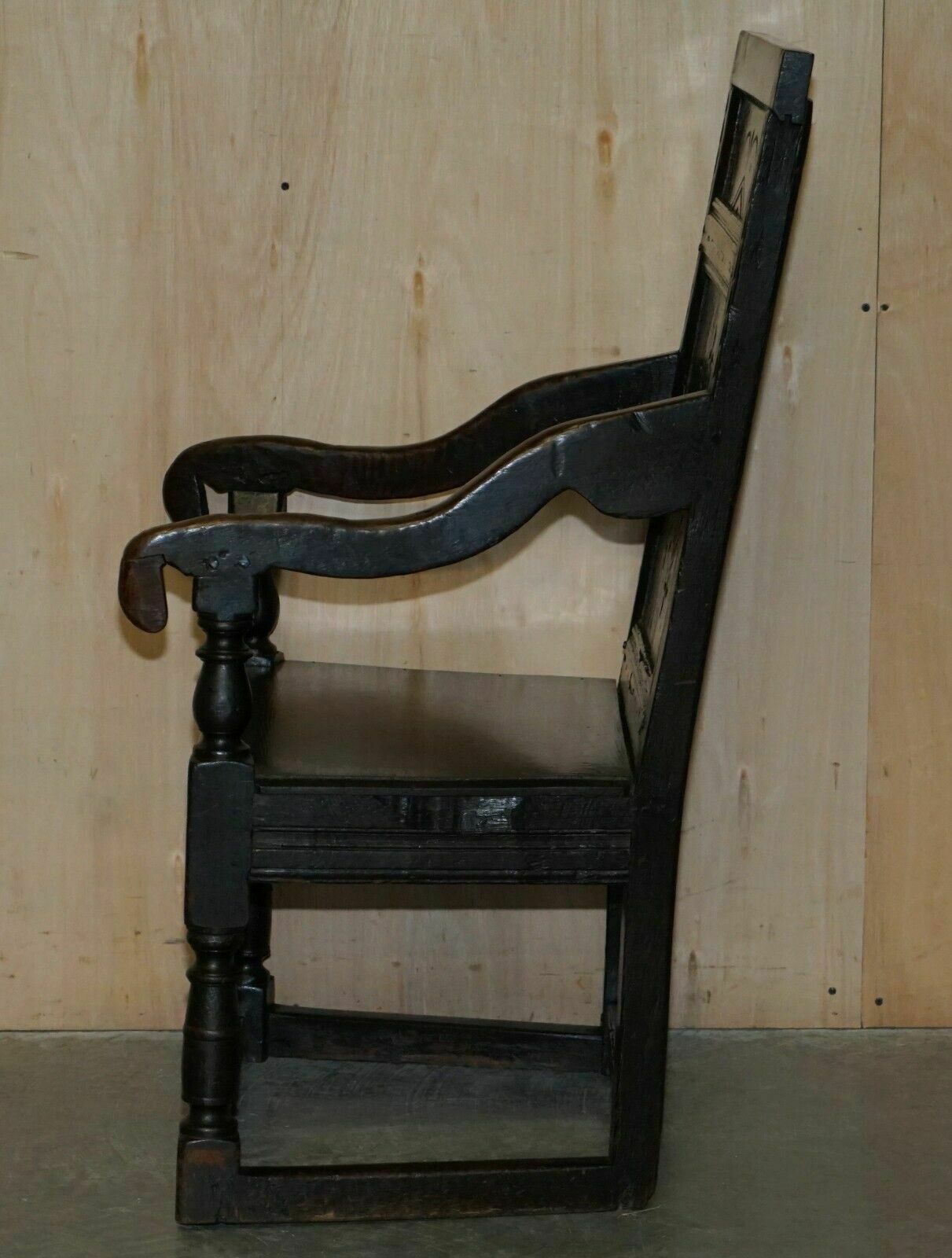 photo buy Antique 17th Century Jacobean Hand Carved English Oak Armchair Tudor Panelling