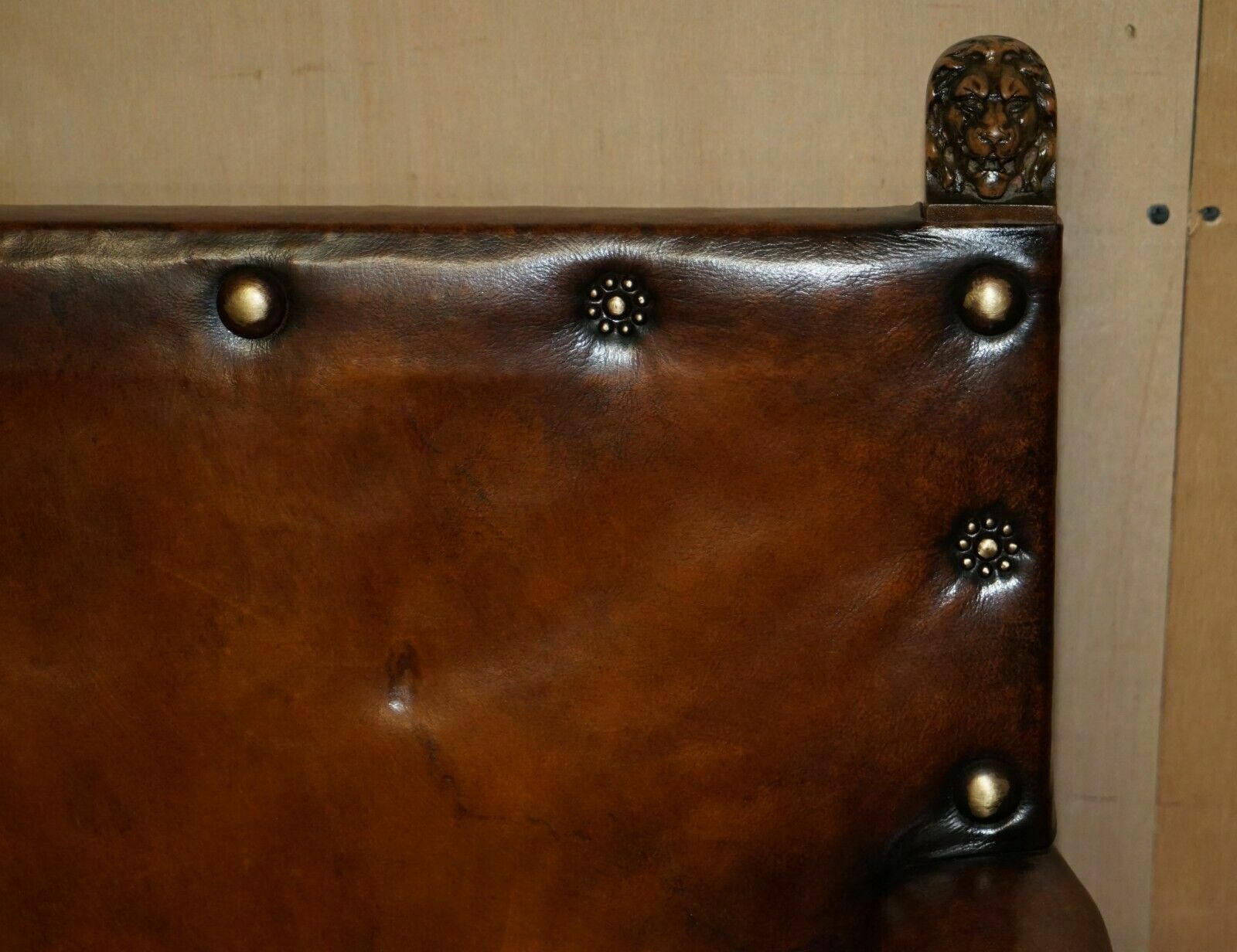 Fully Restored Edwardian Circa 1910 Hand Dyed Brown Leather Lion Carved Armchair photo vinterior