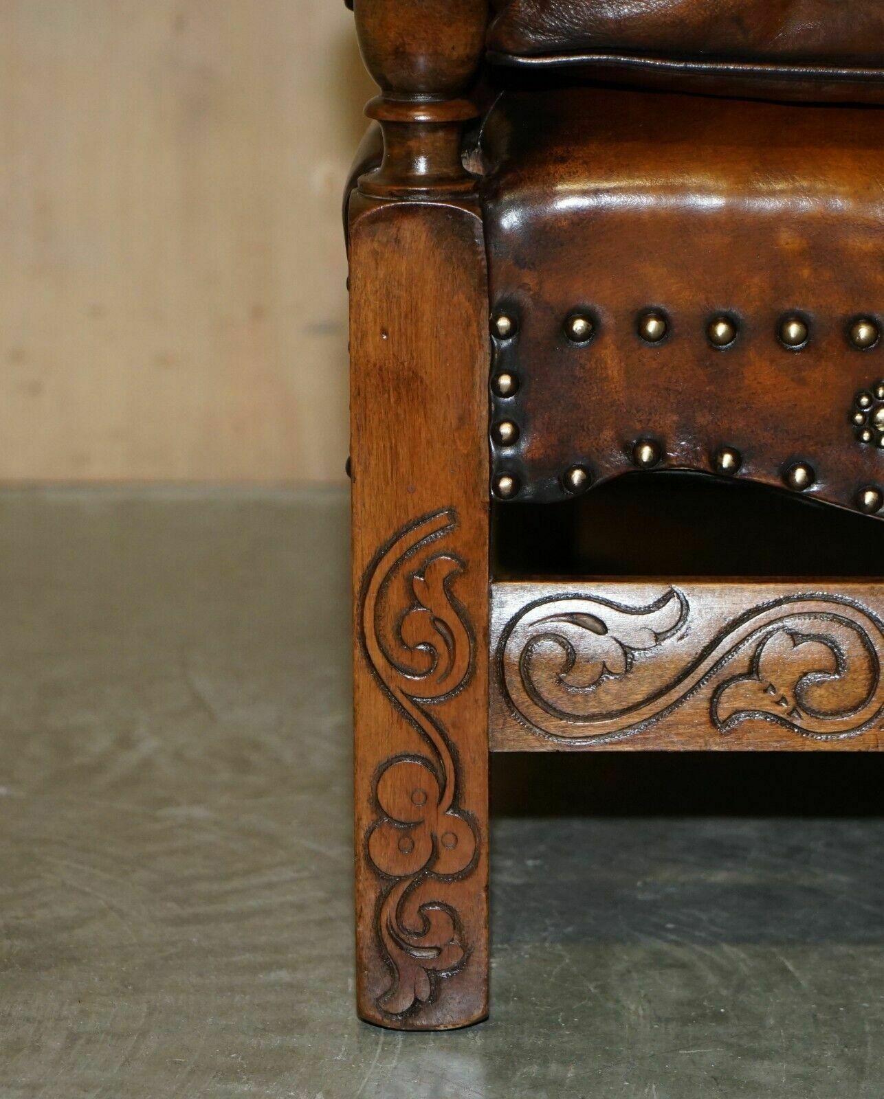 Fully Restored Edwardian Circa 1910 Hand Dyed Brown Leather Lion Carved Armchair photo buy