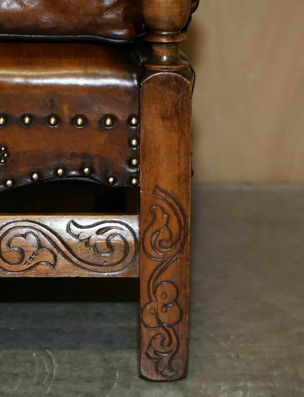 Fully Restored Edwardian Circa 1910 Hand Dyed Brown Leather Lion Carved Armchair photo vintage