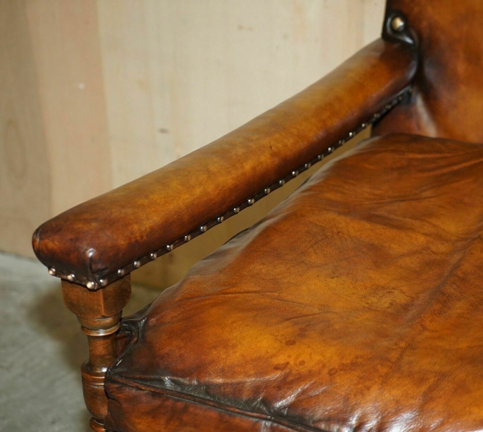 Furniture Fully Restored Edwardian Circa 1910 Hand Dyed Brown Leather Lion Carved Armchair photo