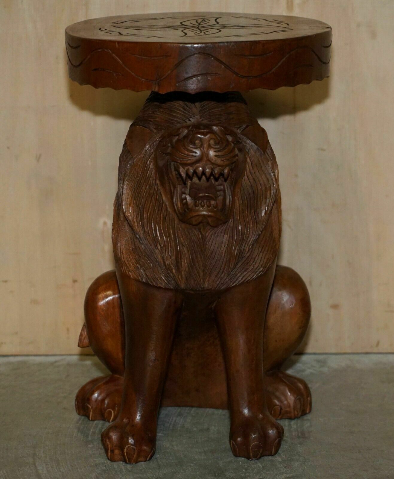 Pair Of Vintage Hand Carved Male Lion Stools With Ornate Decoration All Over photo for sale