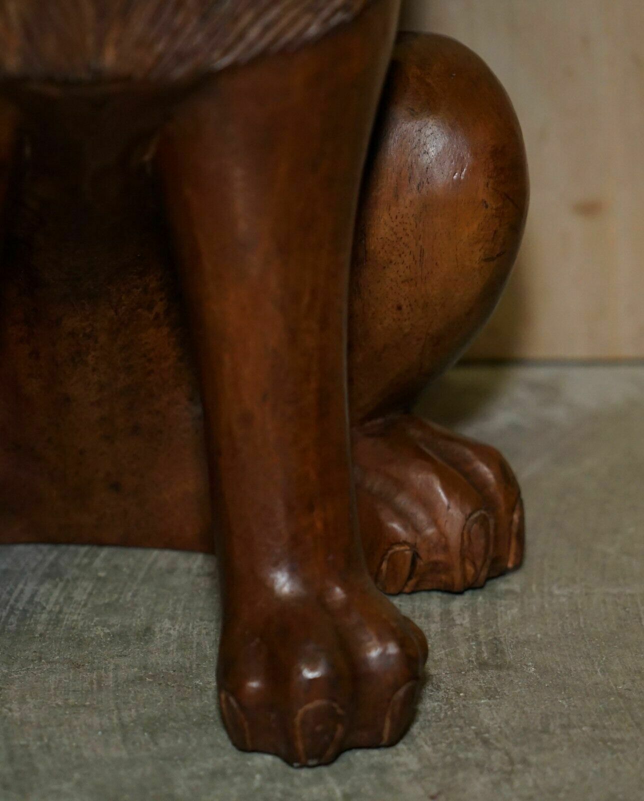 photo furniture Pair Of Vintage Hand Carved Male Lion Stools With Ornate Decoration All Over