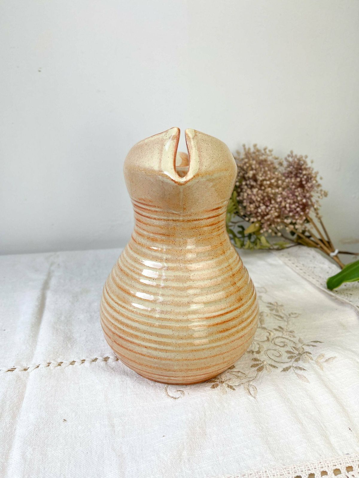 Vintage Glazed Stoneware Pitcher   Beige Sandstone Carafe   Ceramic Pitcher   Vase   Ceramic Stoneware Jug   Vintage Stoneware Tableware photo for sale
