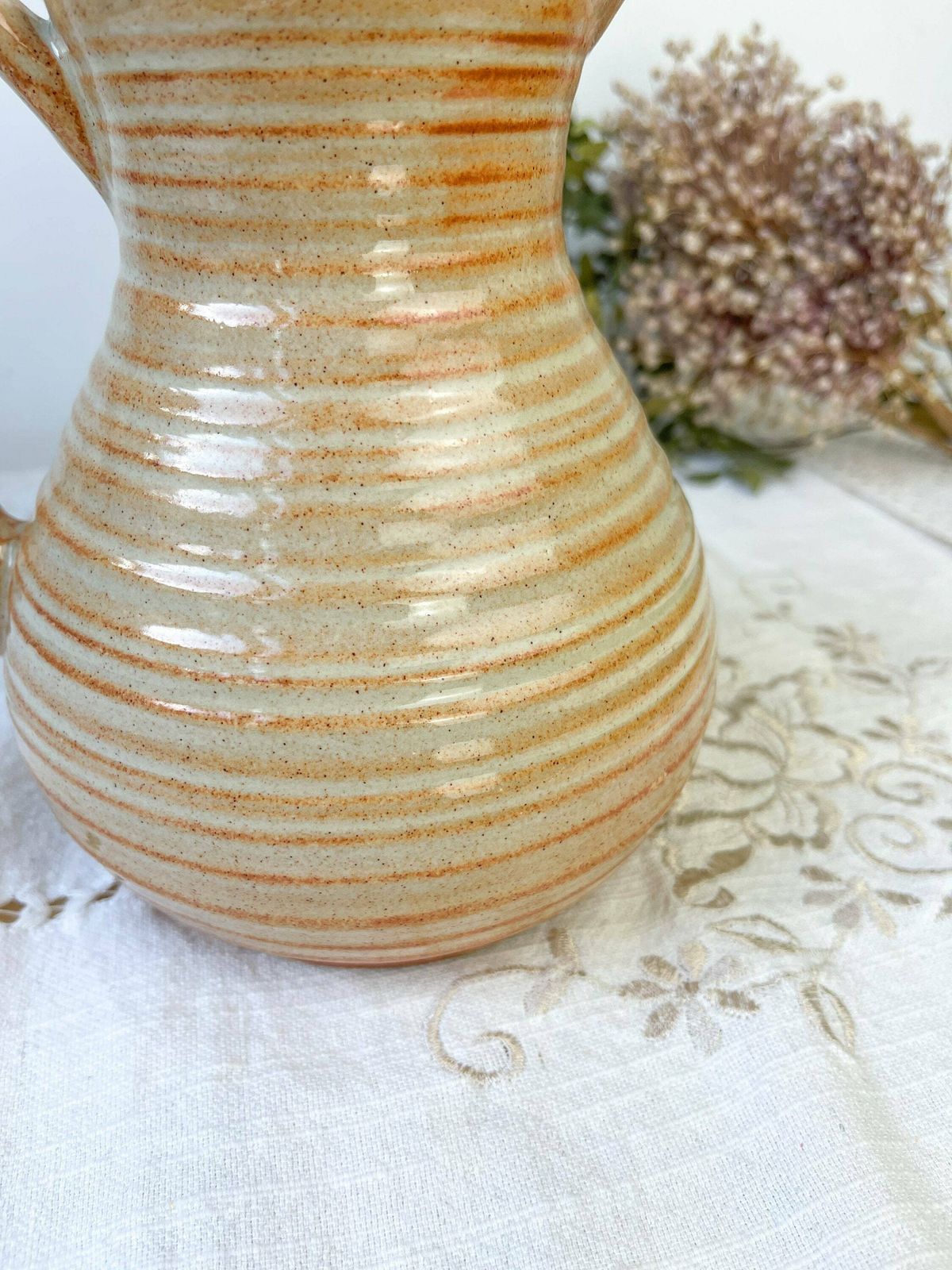 Vintage Glazed Stoneware Pitcher   Beige Sandstone Carafe   Ceramic Pitcher   Vase   Ceramic Stoneware Jug   Vintage Stoneware Tableware photo vinterior