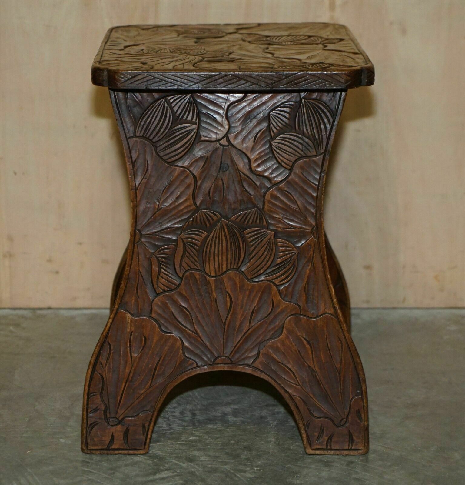 photo vinterior Antique 1905 Liberty's London Qing Dynasty Stool / Side End Table Floral Carving