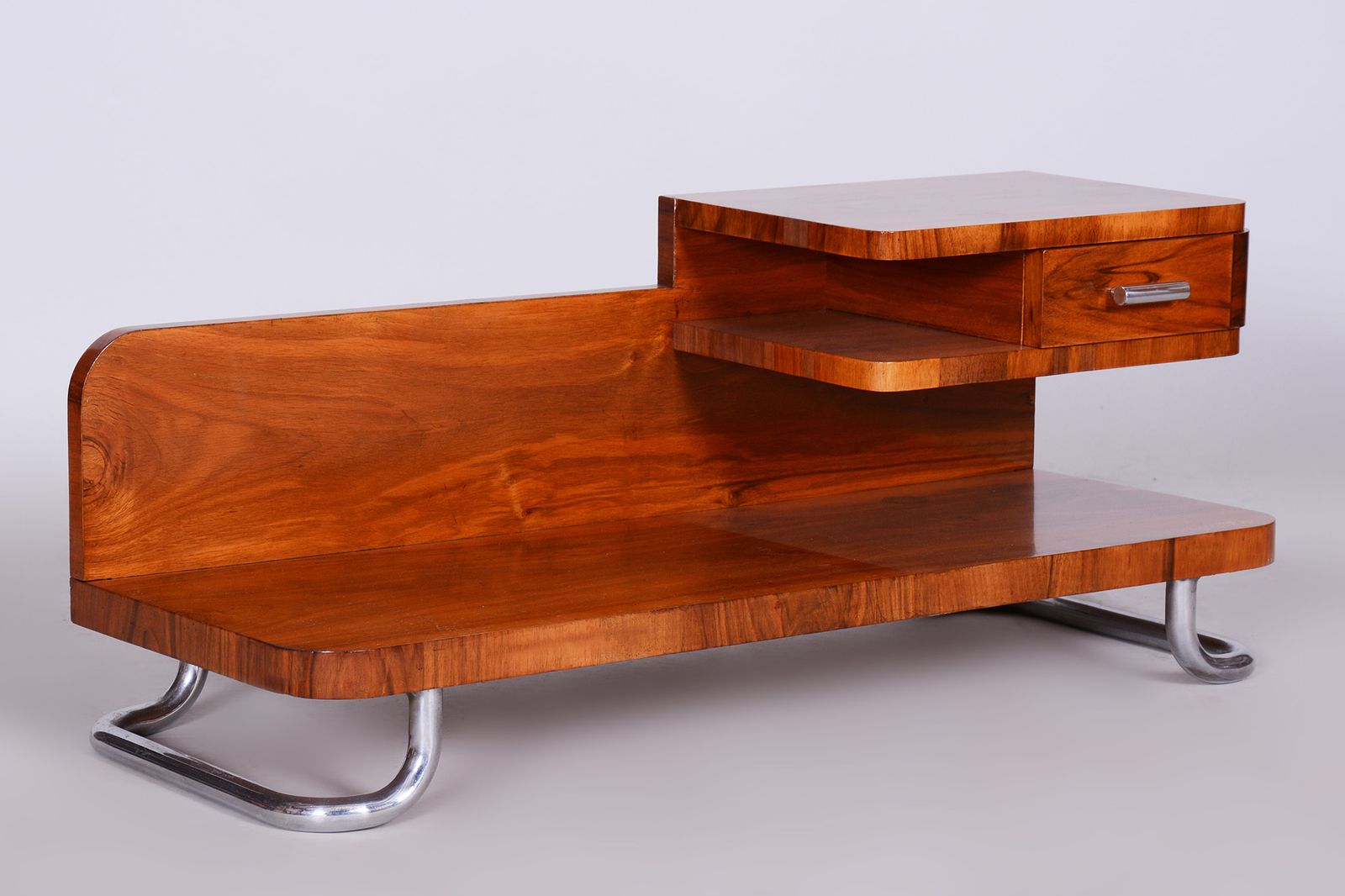 Restored Artdeco Small Pedestal, Walnut, Chrome, Mücke   Melder, Czechia, 1930s