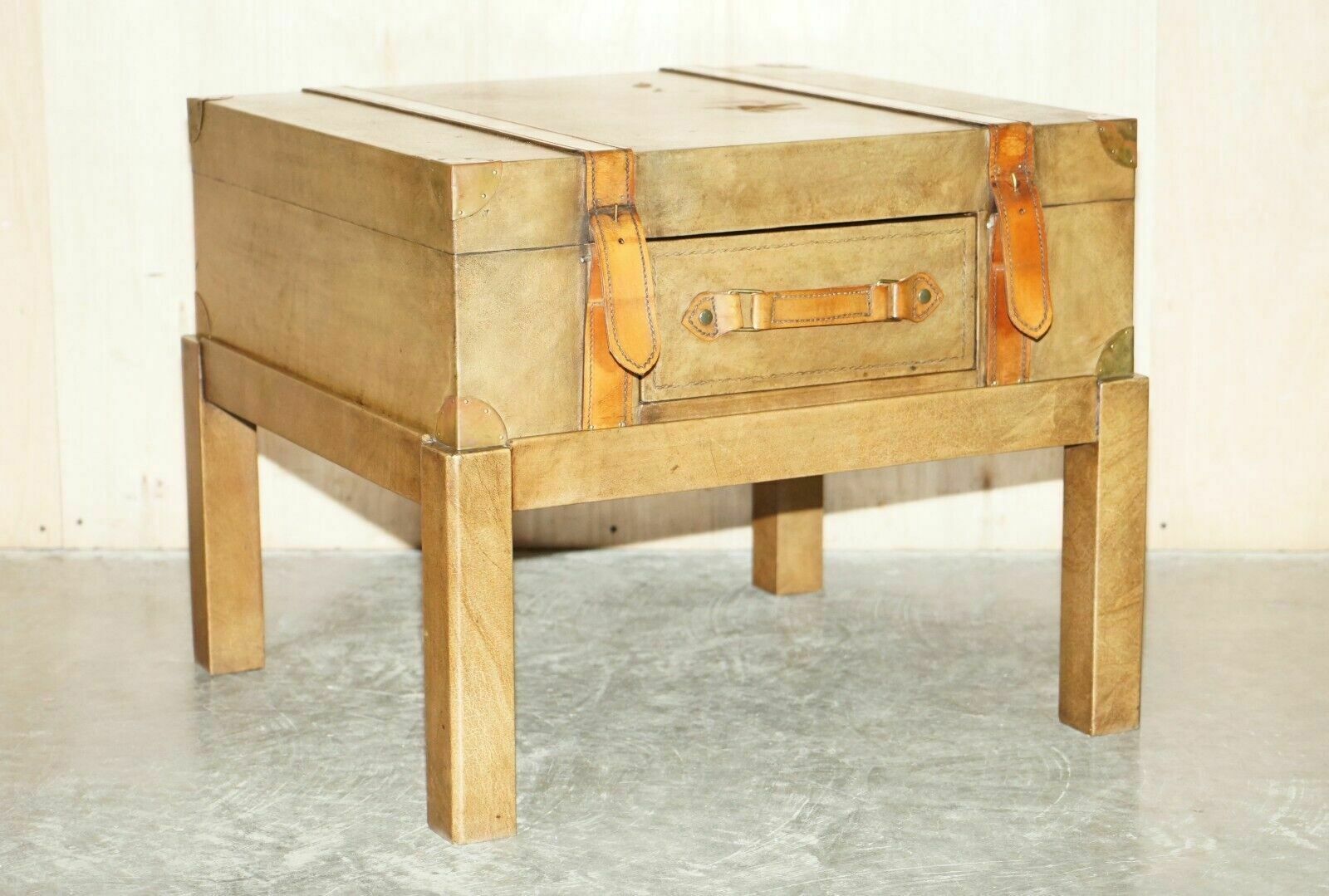 Brown Saddle Leather Suitcase Trunk Single Drawer Coffee Table Nice Decorative