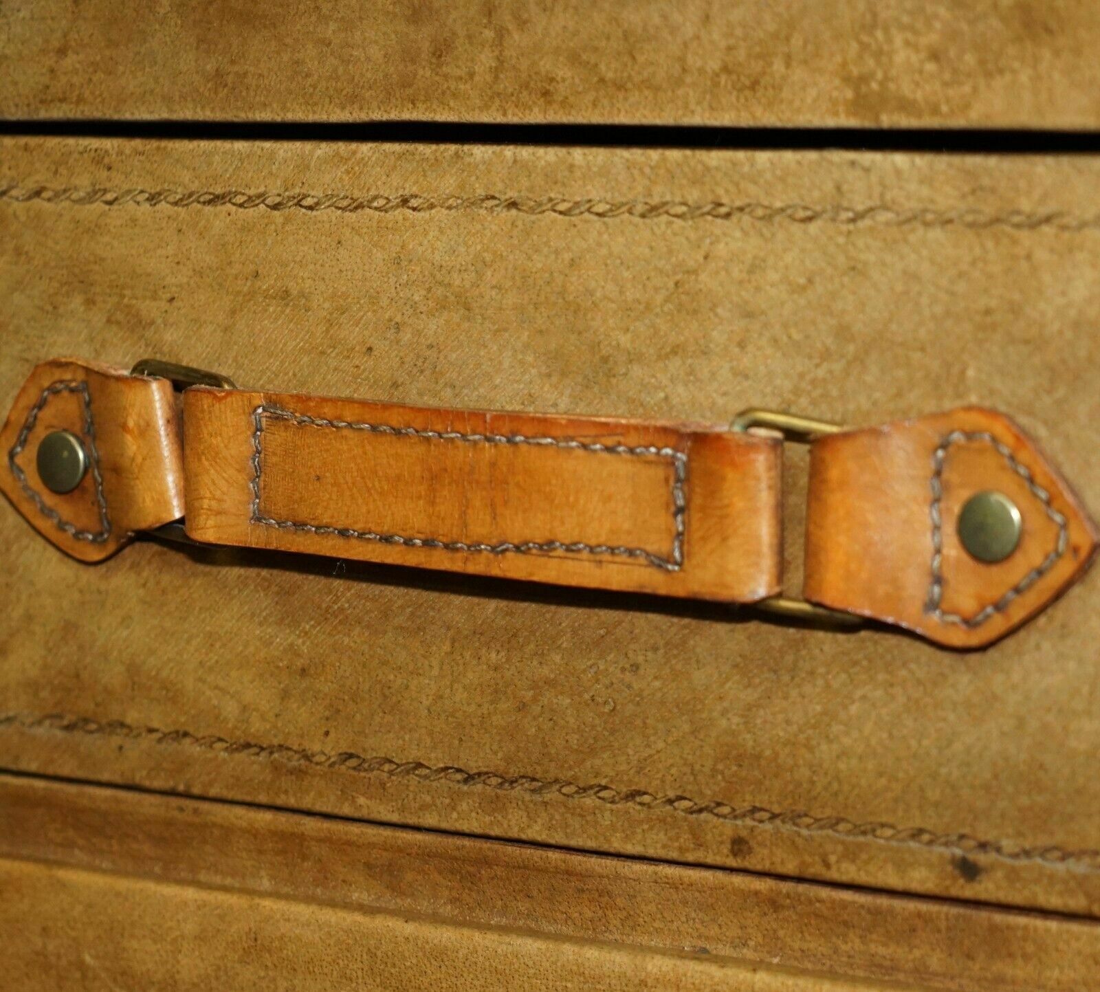 Brown Saddle Leather Suitcase Trunk Single Drawer Coffee Table Nice Decorative photo vintage