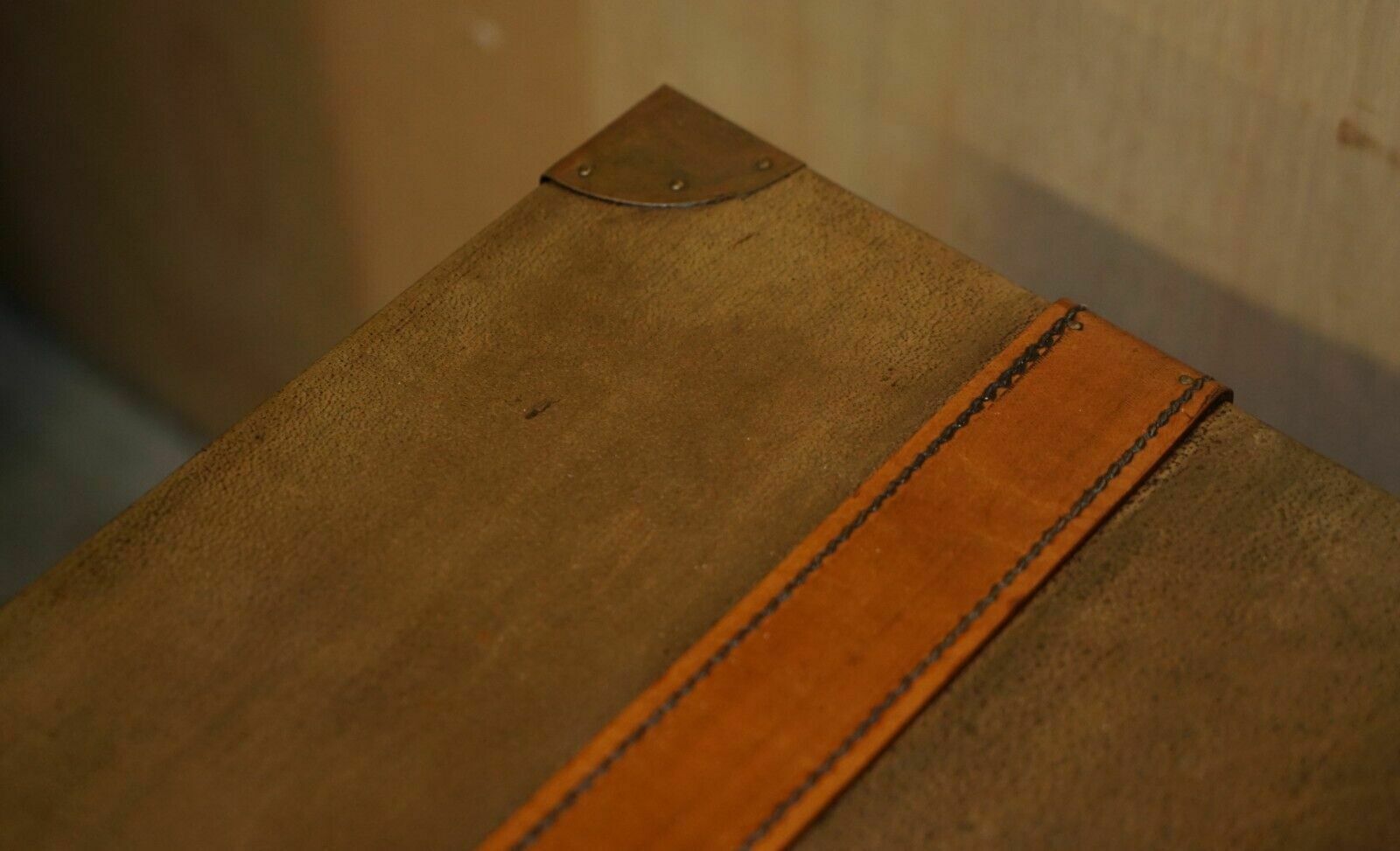 photo buy Brown Saddle Leather Suitcase Trunk Single Drawer Coffee Table Nice Decorative