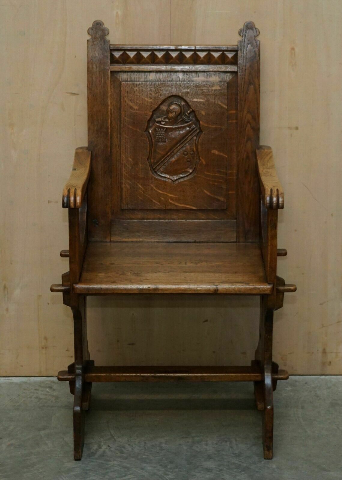 Pair Of Antique Carved English Oak Armchairs With Armorial Crest Coat Of Arms photo Furniture