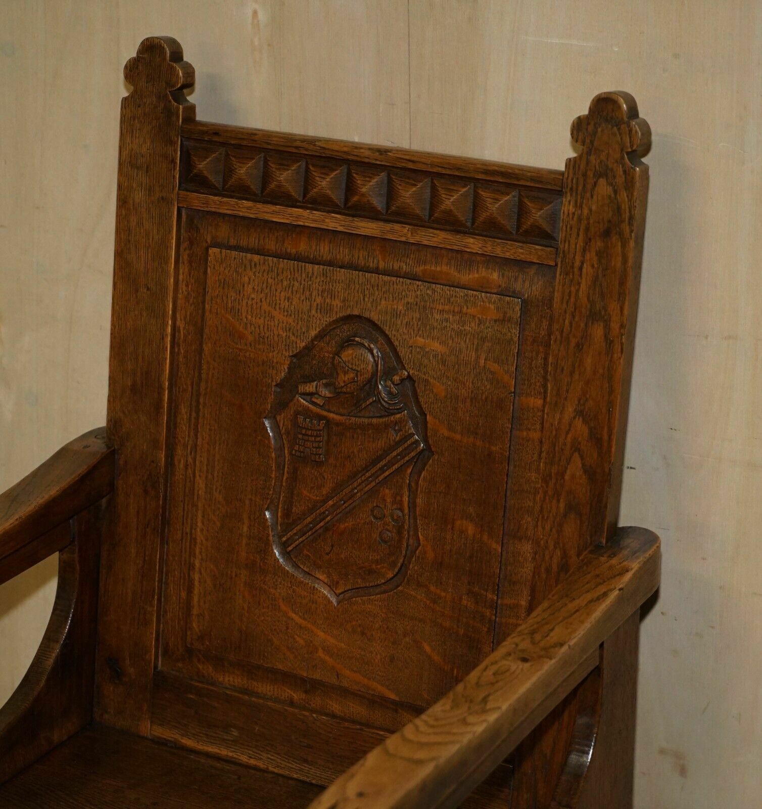 Pair Of Antique Carved English Oak Armchairs With Armorial Crest Coat Of Arms photo 3950.0