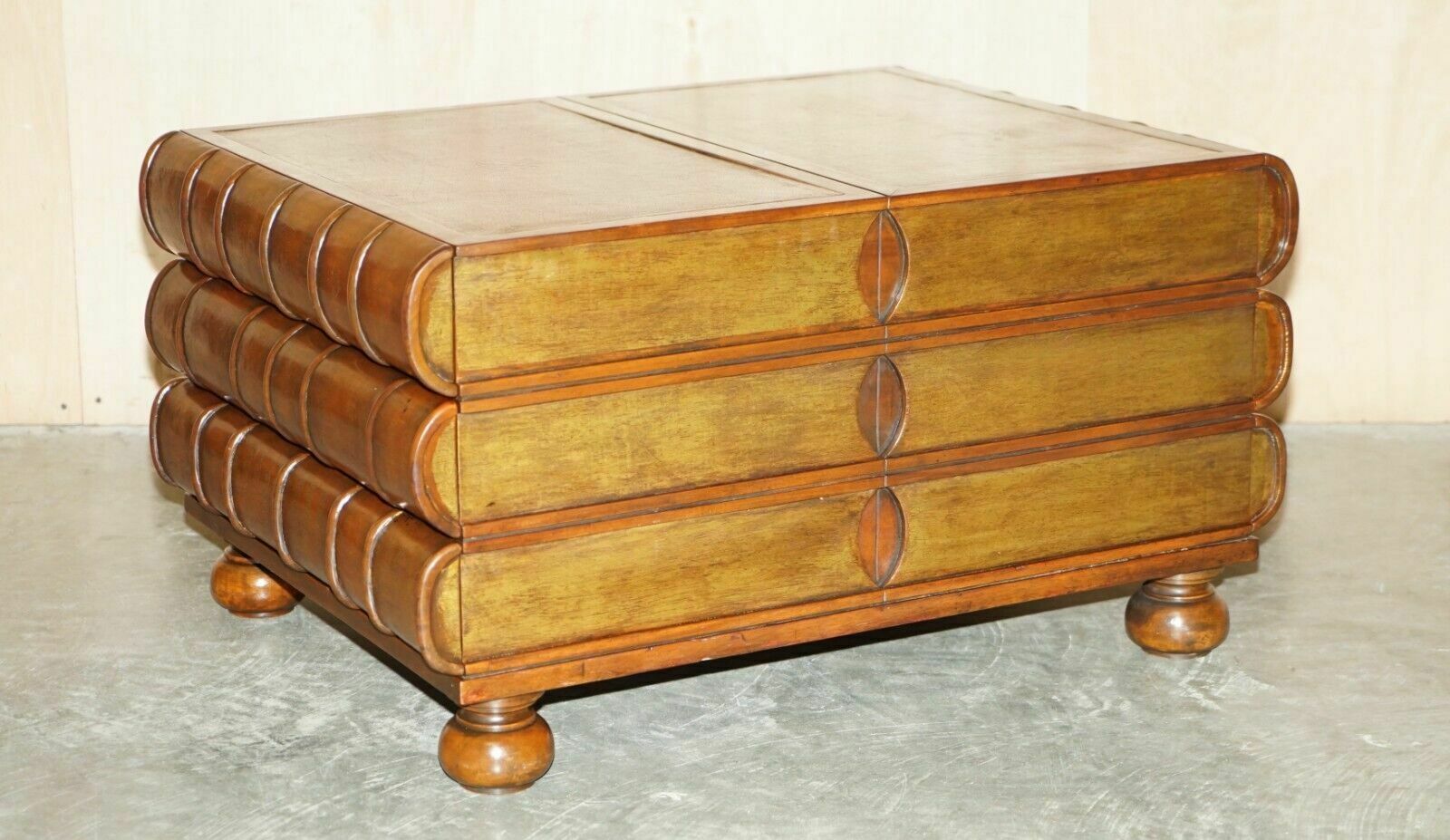 Large Six Drawer Stack Of Scholars Library Books Coffee Table Brown Leather Top photo furniture