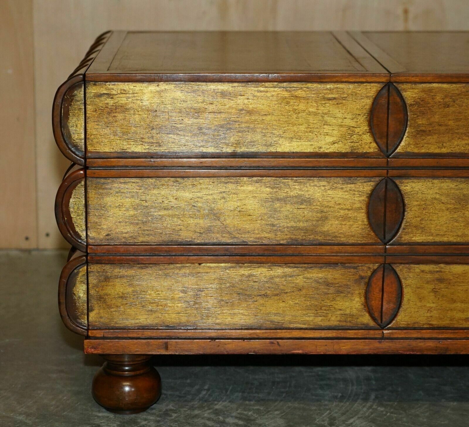 Large Six Drawer Stack Of Scholars Library Books Coffee Table Brown Leather Top photo Furniture