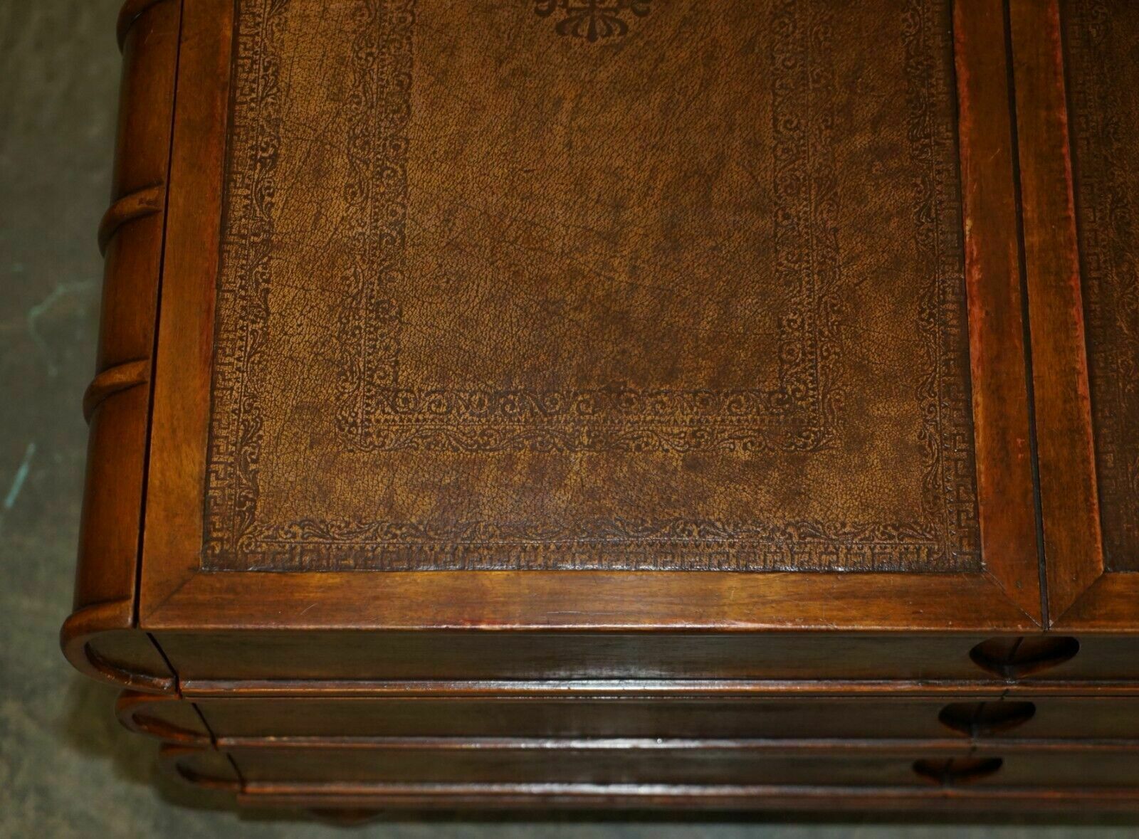 2450.0 Large Six Drawer Stack Of Scholars Library Books Coffee Table Brown Leather Top photo