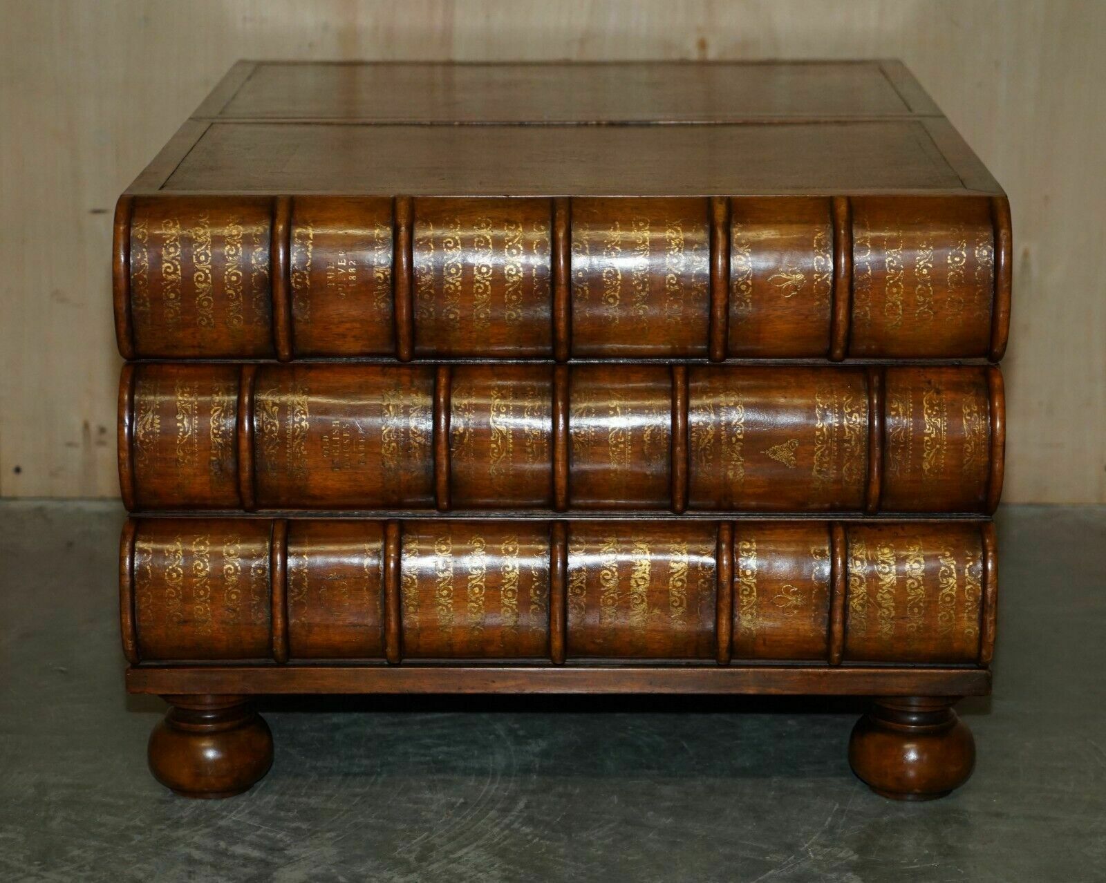 photo vintage Large Six Drawer Stack Of Scholars Library Books Coffee Table Brown Leather Top