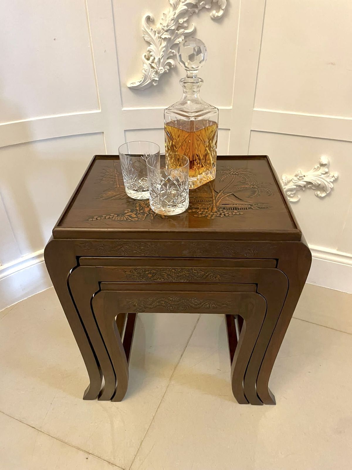 Antique Carved Teak Nest Of 3 Tables photo furniture