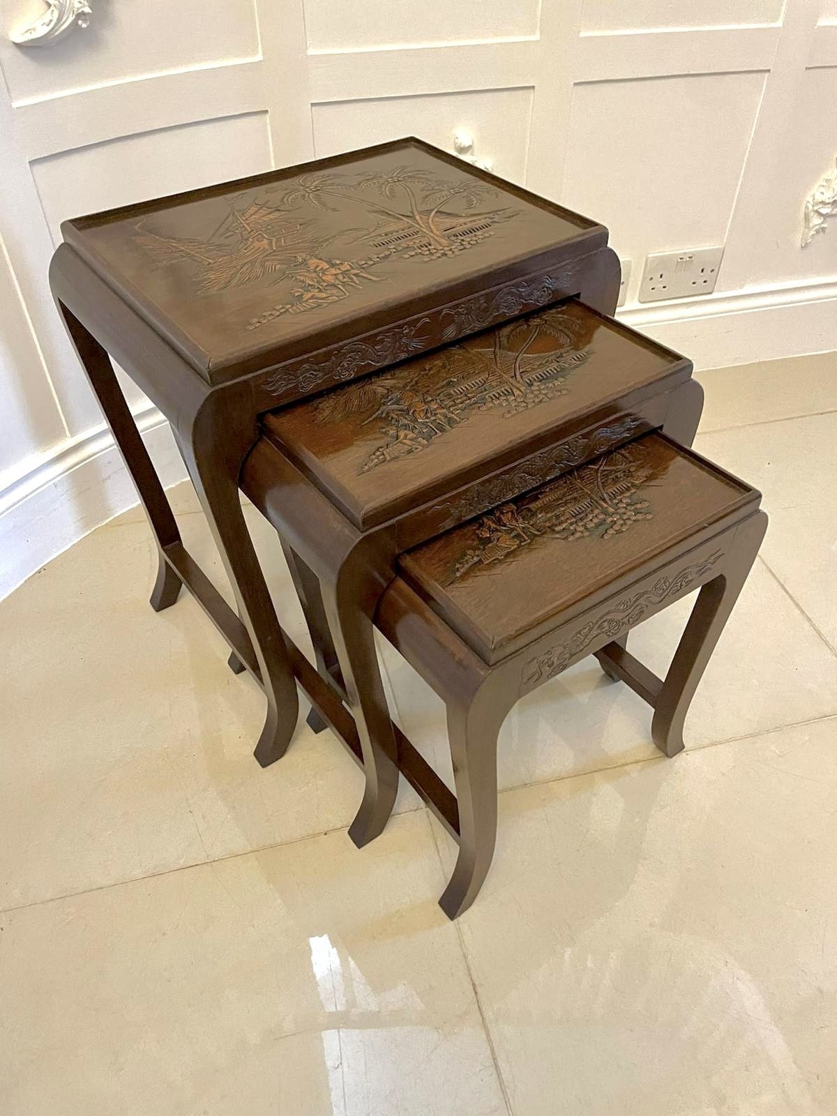 Antique Carved Teak Nest Of 3 Tables