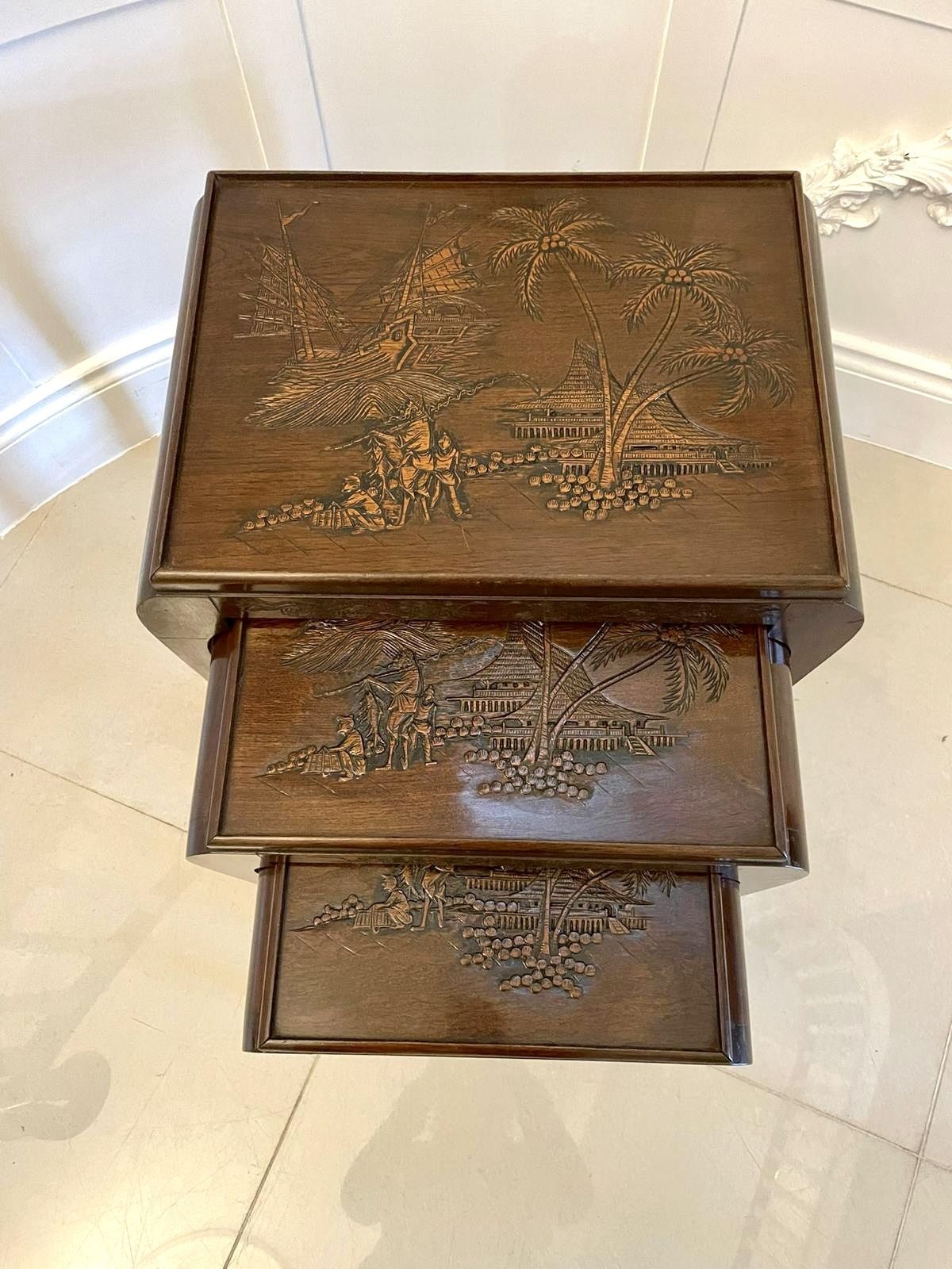 photo furniture Antique Carved Teak Nest Of 3 Tables
