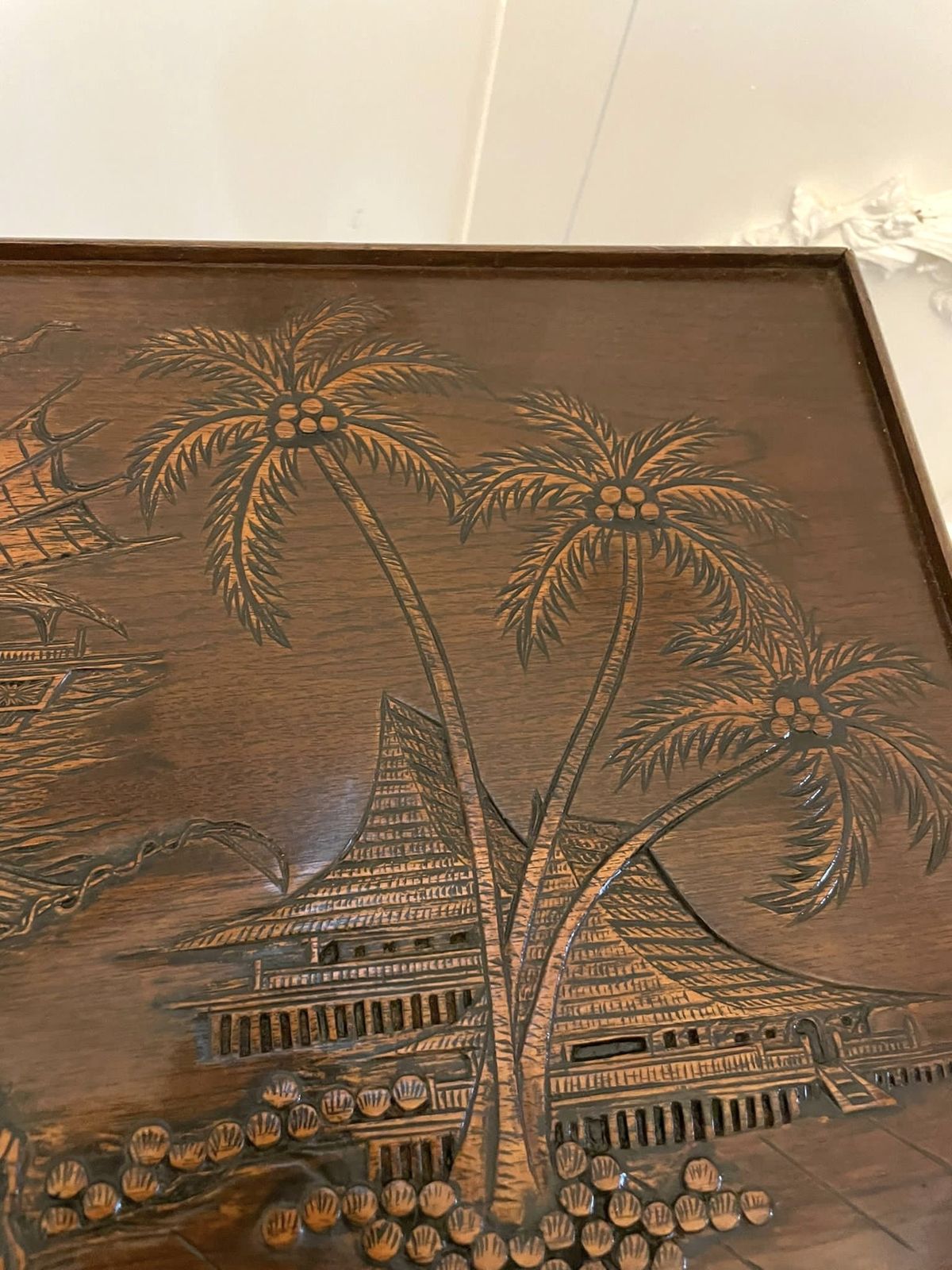 photo vintage Antique Carved Teak Nest Of 3 Tables