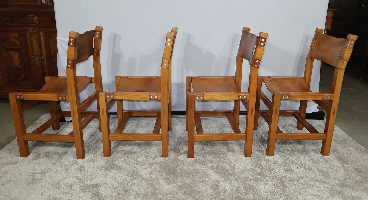 Set Of 4 Chairs In Solid Elm And Leather, Maison Regain – 1970 photo 3069.4