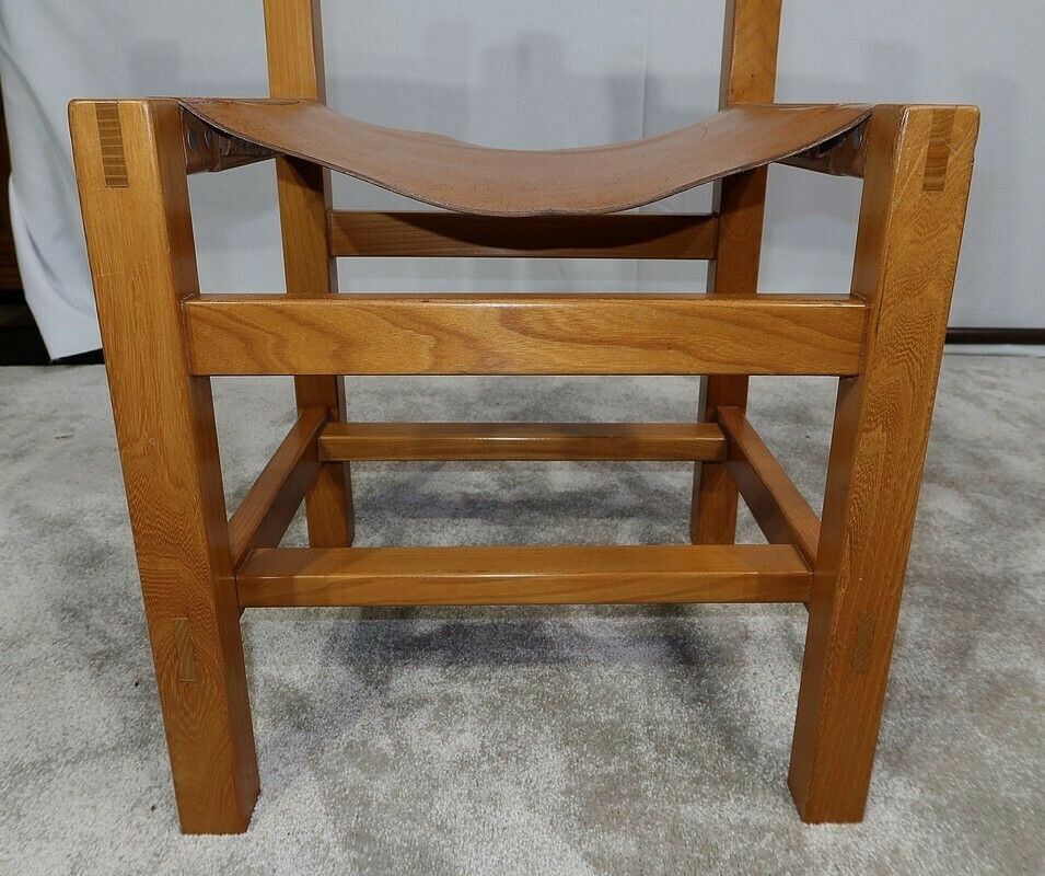 3069.4 Set Of 4 Chairs In Solid Elm And Leather, Maison Regain – 1970 photo