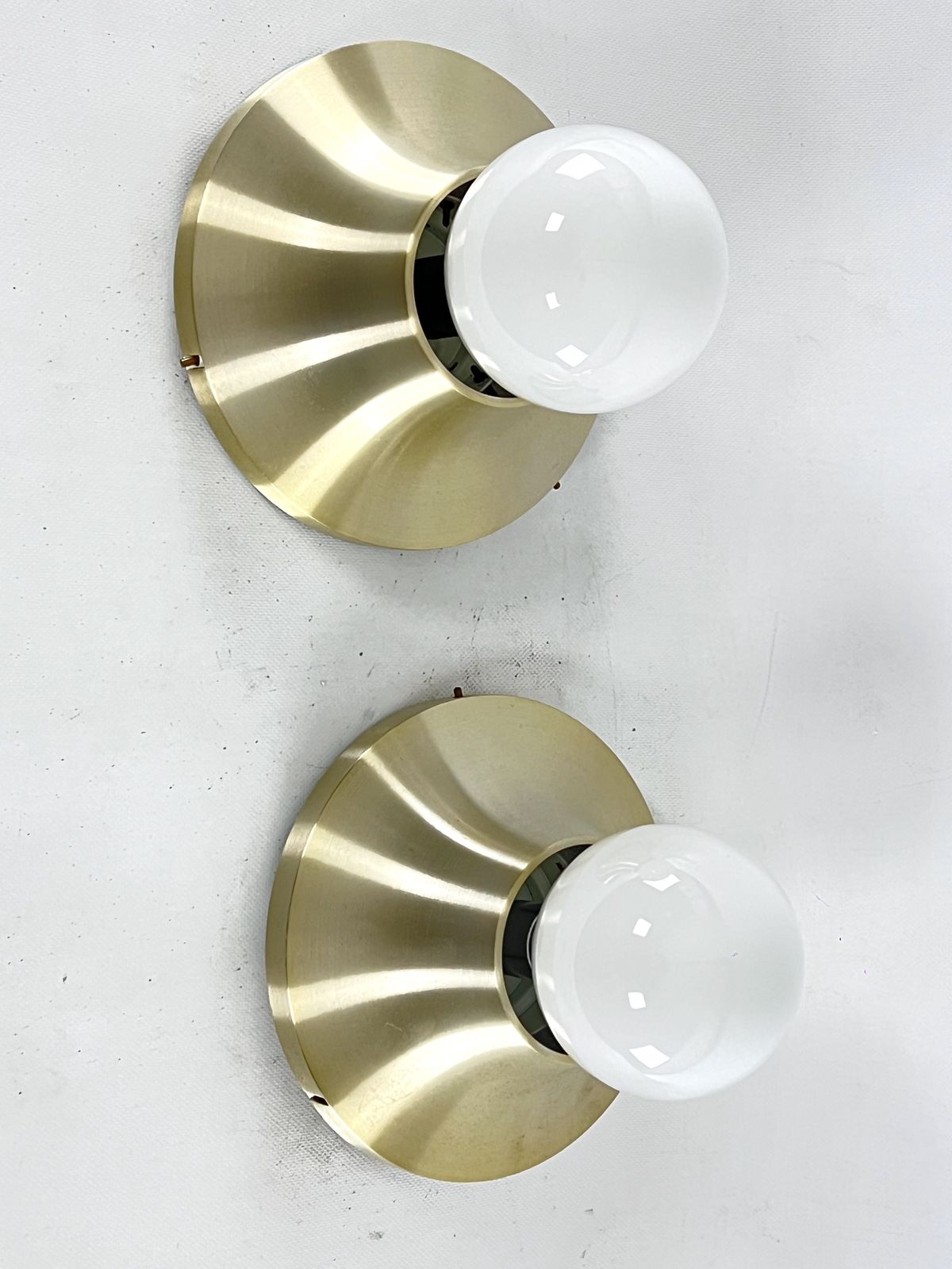 Stilux Milano, Vintage Round Gilded Aluminum Wall Lamps From 60s. Set Of Two photo Lighting