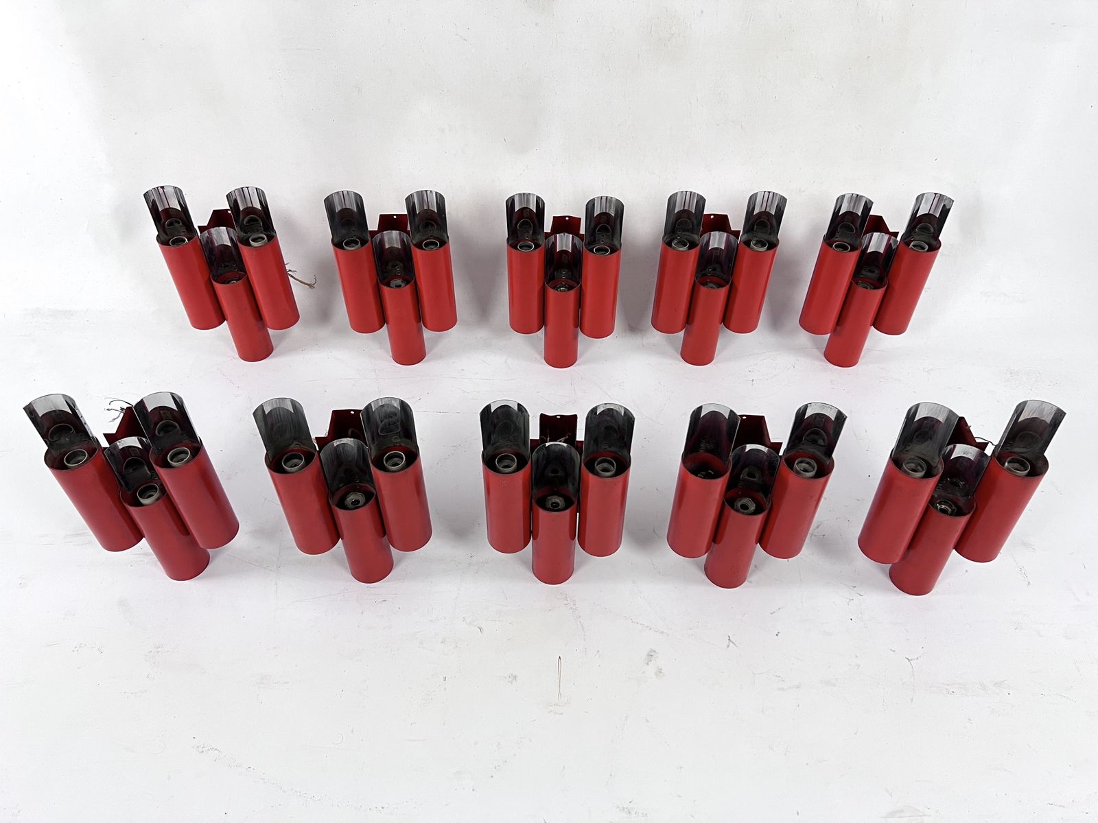 Rare Set Of 10 Mid Century Red And Chrome Wall Lamps By Stilnovo. Italy 1970s