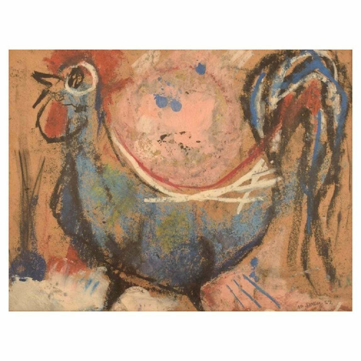 Mette Doller, Danish Artist, Mixed Media Art On Paper, Rooster, Dated 1959 photo buy