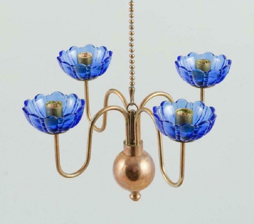 Gunnar Ander For Ystad Metall. Chandelier For Four Candles, Brass And Art Glass photo for sale