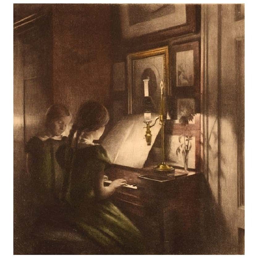 Peter Ilsted, Interior With Two Girls At The Piano, Mezzotint In Colors