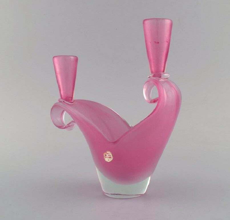Two Armed Murano Candle Holder In Pink Hand Blown Art Glass. Italian Design photo for sale