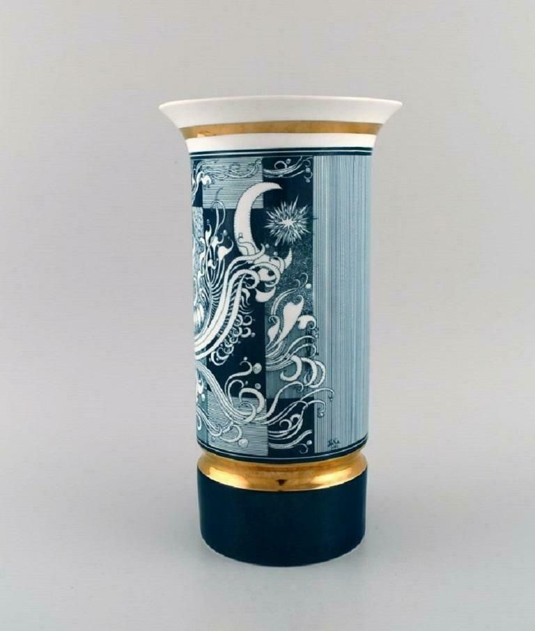 Large Hollóháza Porcelain Vase Art Deco Motifs And Gold Border Mid 20th C photo furniture