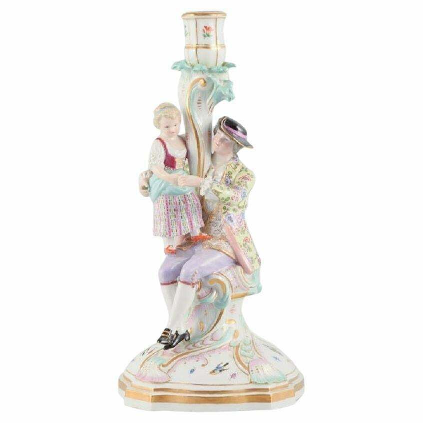 Large Antique Meissen Candlestick In Hand Painted Porcelain, 19th C