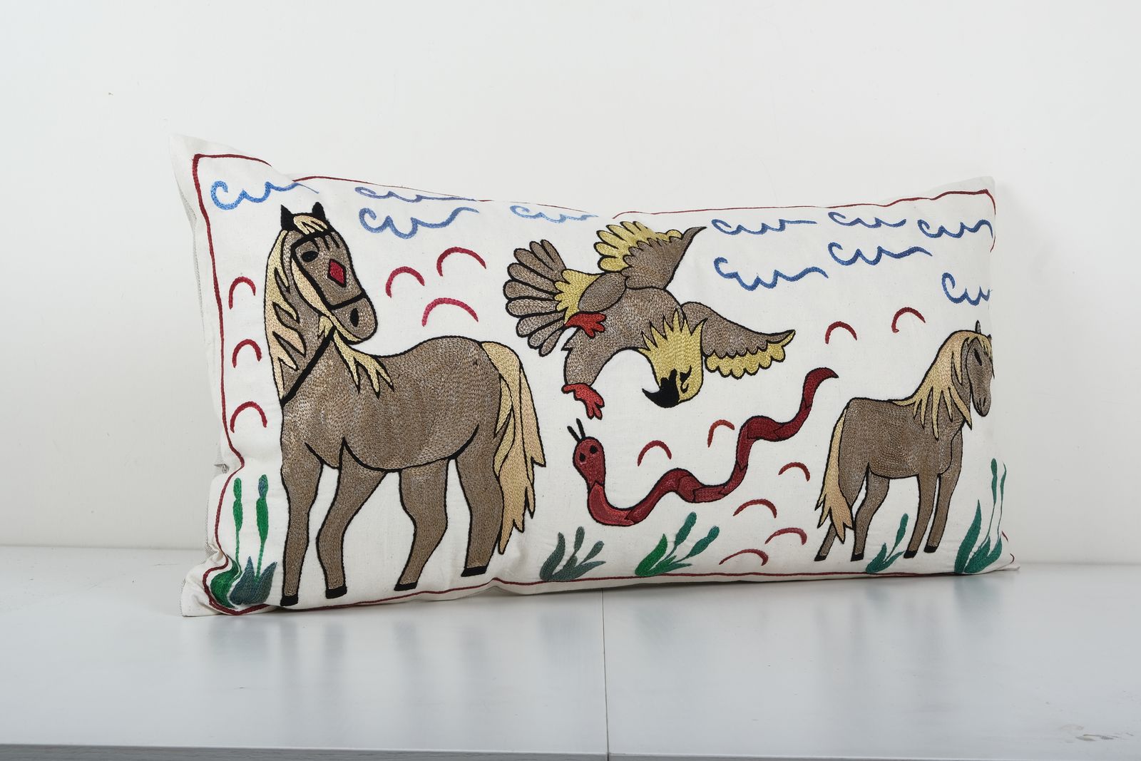 Lumbar Suzani Pictorial  Pillow Case Made From An Early 21th C. Suzani 1920s 18'' X 35'' photo for sale