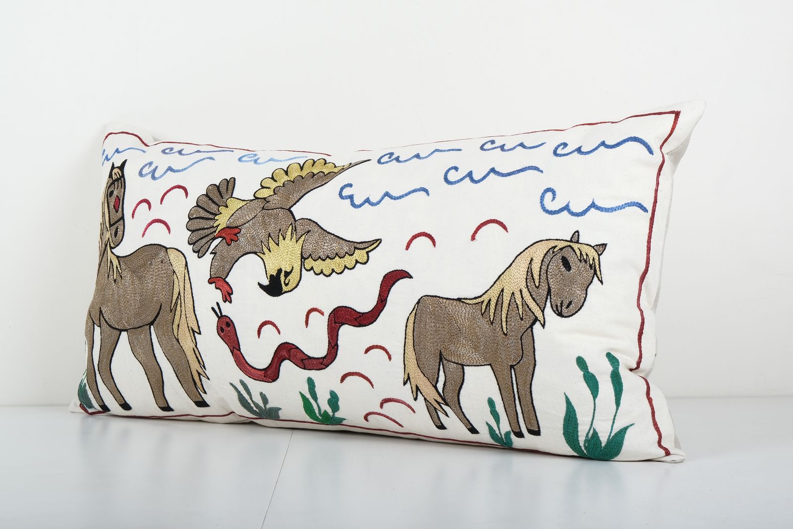 Lumbar Suzani Pictorial  Pillow Case Made From An Early 21th C. Suzani 1920s 18'' X 35'' photo Textiles