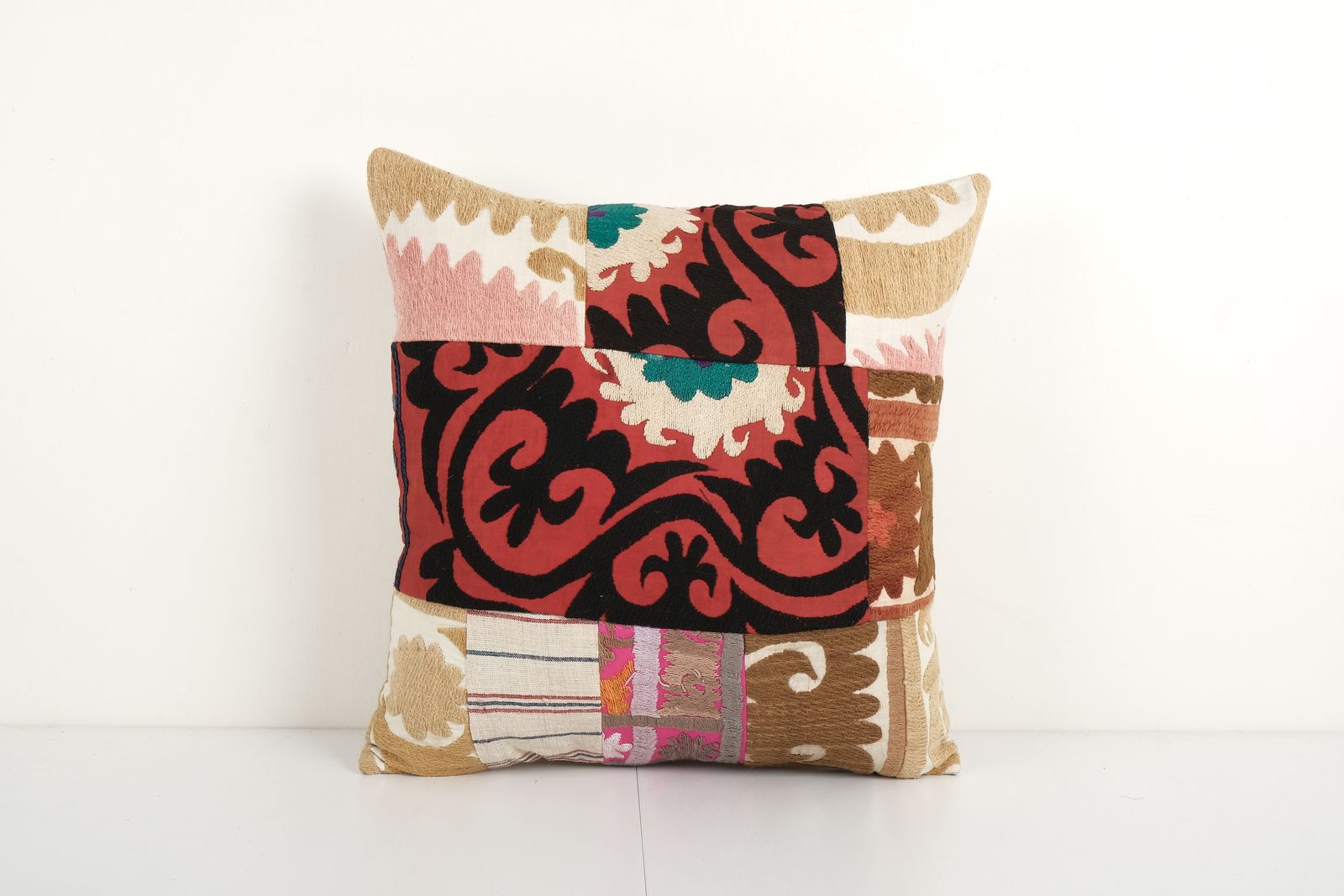 Suzani Square Cushion Cover, Tribal House Decor, Embroidery Handmade Pillow, Vintage Embroidered Suzani Patchwork Pillow 19'' X 19''