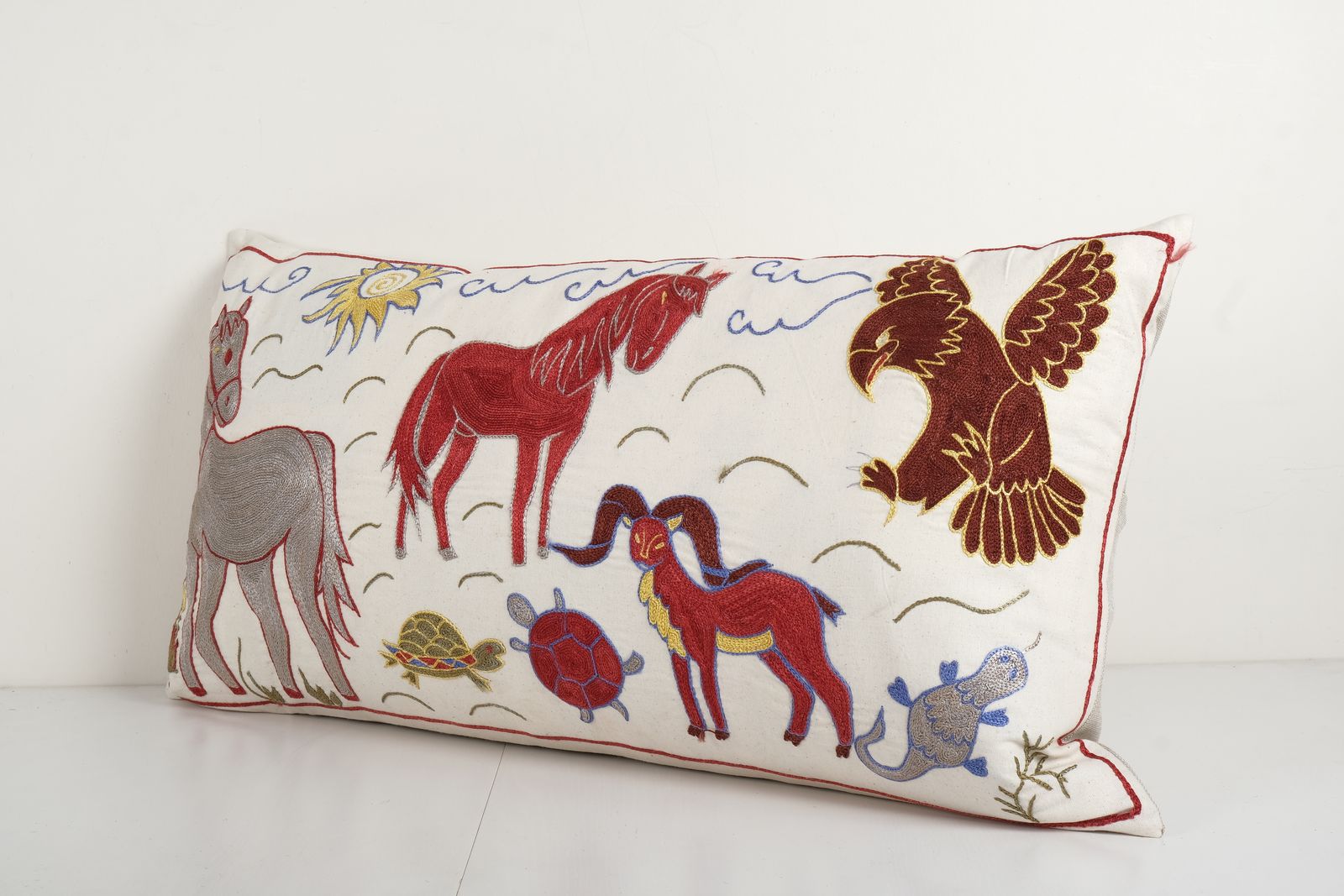 Tashkent Suzani Animal Bedding Pillow Case Made From Suzani, Lumbar Eagle, Deer And Turtle Tashkent Cushion Cover 18'' X 34'' photo for sale