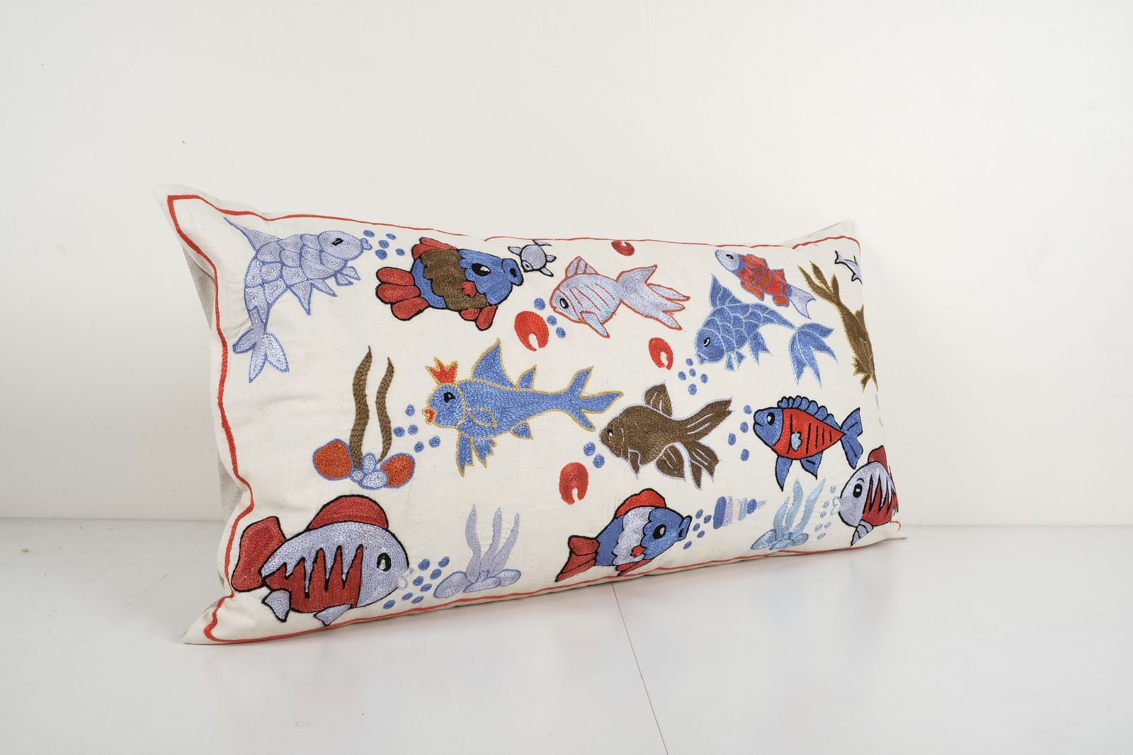Uzbek Extra Long Suzani Cover With Animal Motif, Fish Pattern Embroidery Pillow Case Made From Cotton 18'' X 35'' photo furniture