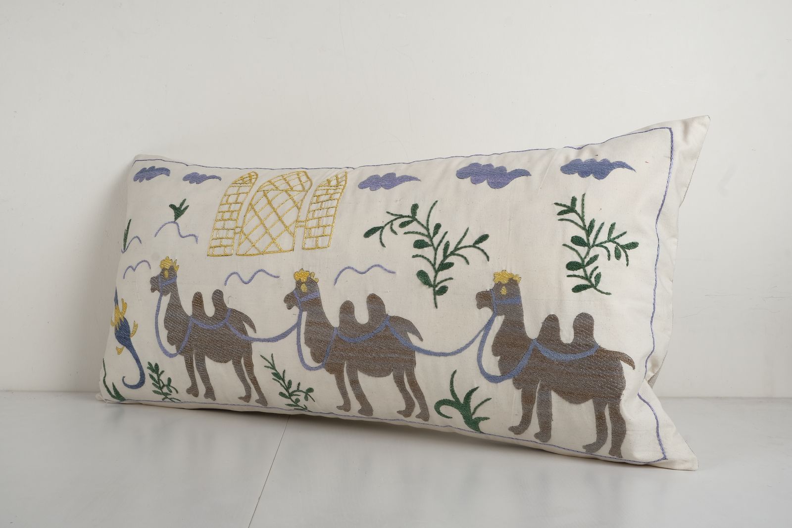 Uzbek Traditional Pastel Suzani Pillow Case, Decorative Camel Couch Cushion, Old Embroidery Suzani Pillow Cases 18'' X 35'' photo Textiles