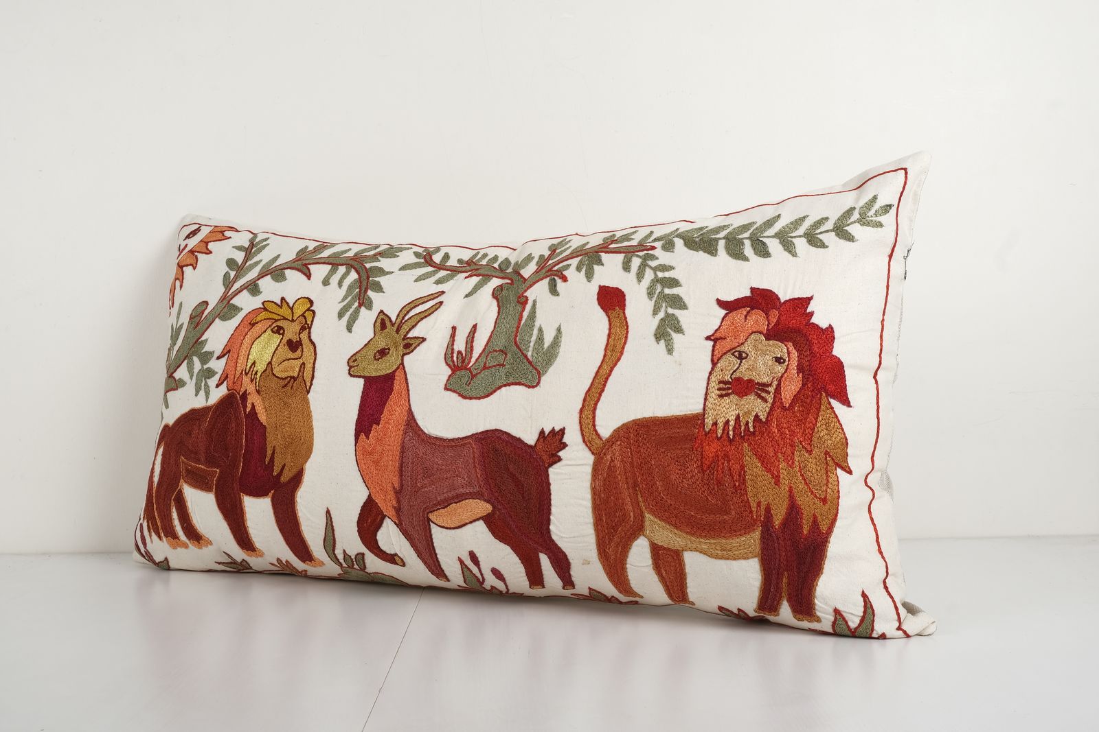 Suzani Lion And Deer Pillow Cover, Animal Tribal Bedding Pillow Cover, Embroidered Hippie Pillow 18'' X 34'' photo for sale
