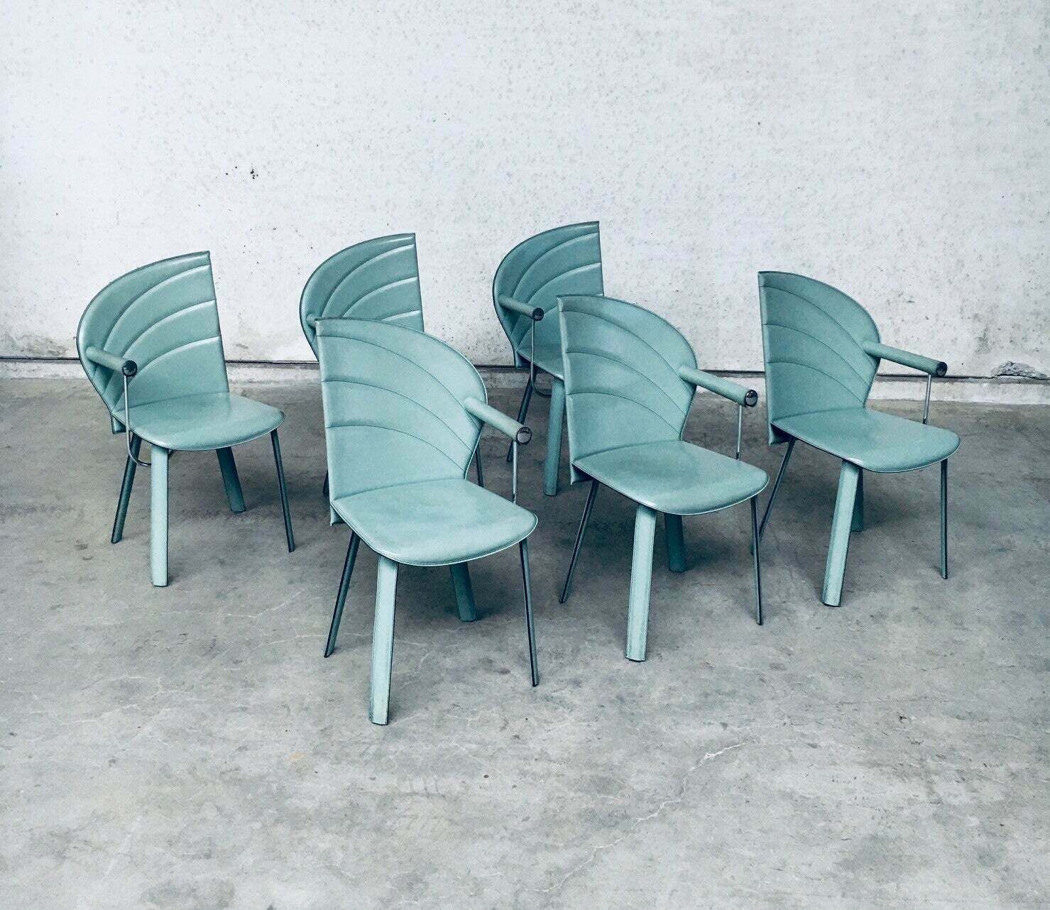 Postmodern Design Leather Dining Chair Set, Italy 1980's