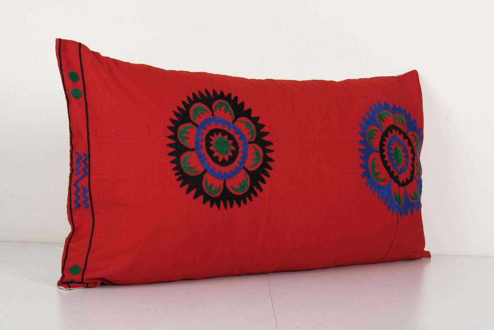 Suzani Lumbar Cushion Cover, Tribal House Decor  Embroidery Red Embroidery Pillows   Uzbek Bedding Pillow 16'' X 30'' photo Textiles