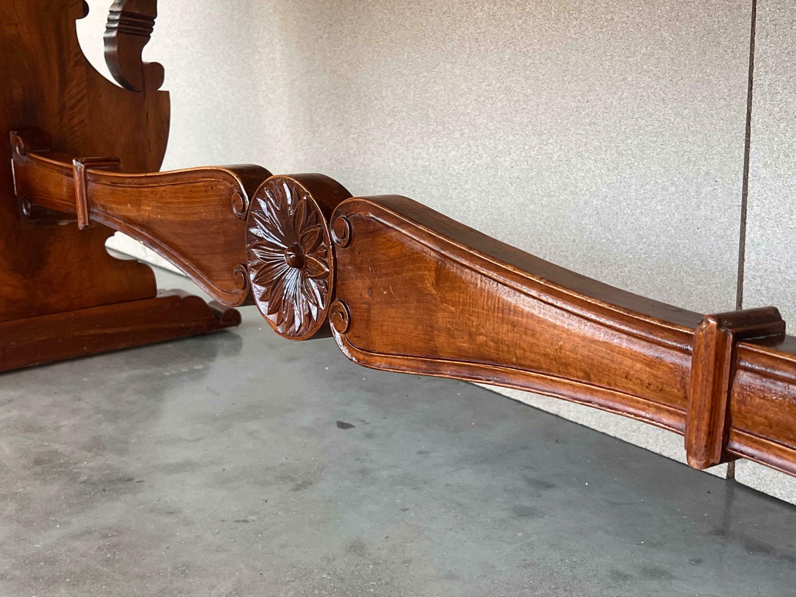 photo for sale 20th Century Spanish Baroque Carved Walnut Lyre Legs Trestle Dining Farm Table