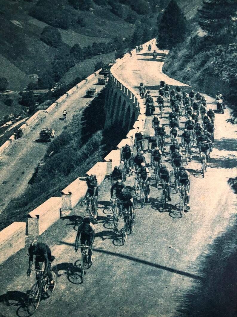 Original Vintage Cycling Print 1952 Tour De France   Alpine Stage photo furniture