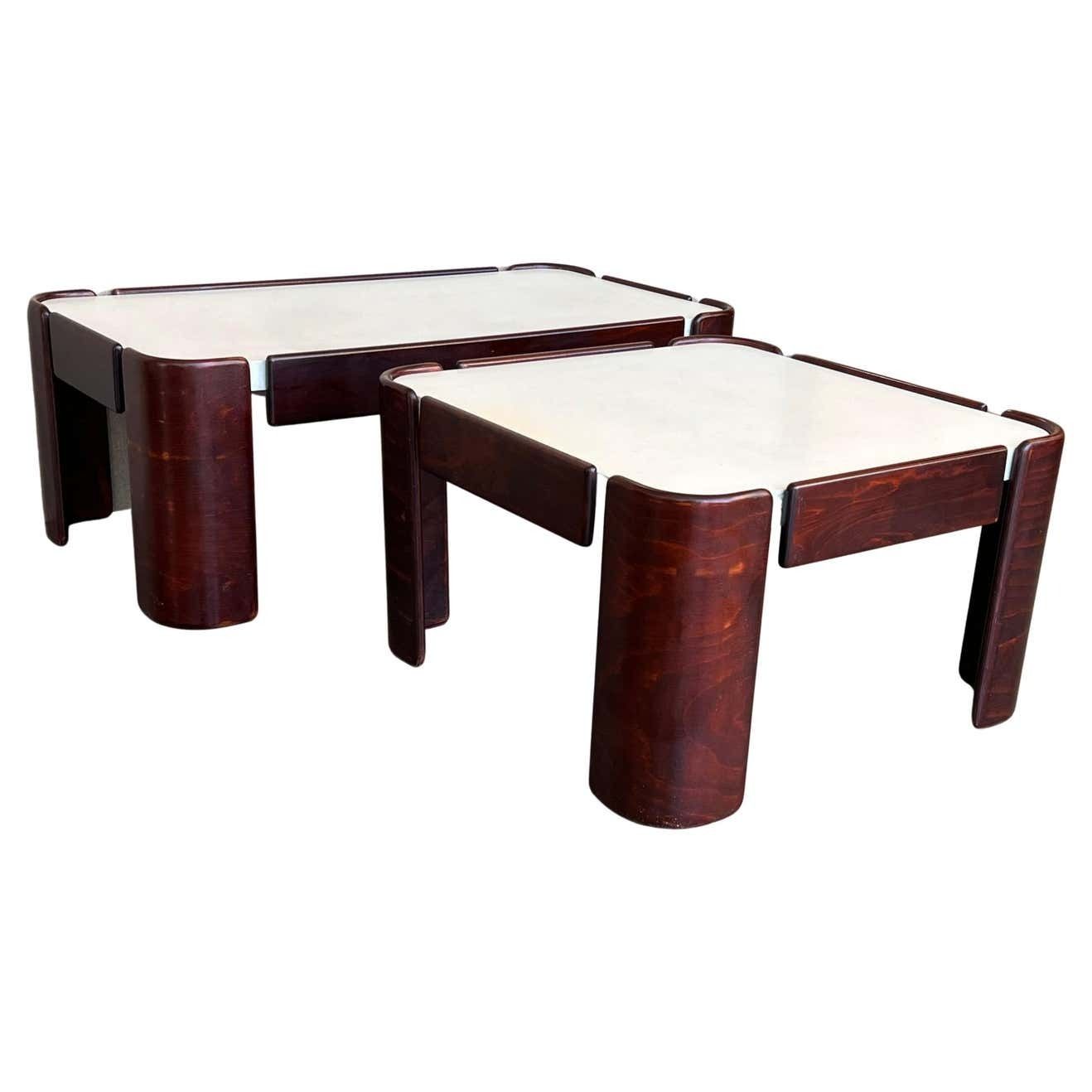 Set Of Mid Century Modern Coffee Tables With Curved Legs And White Top